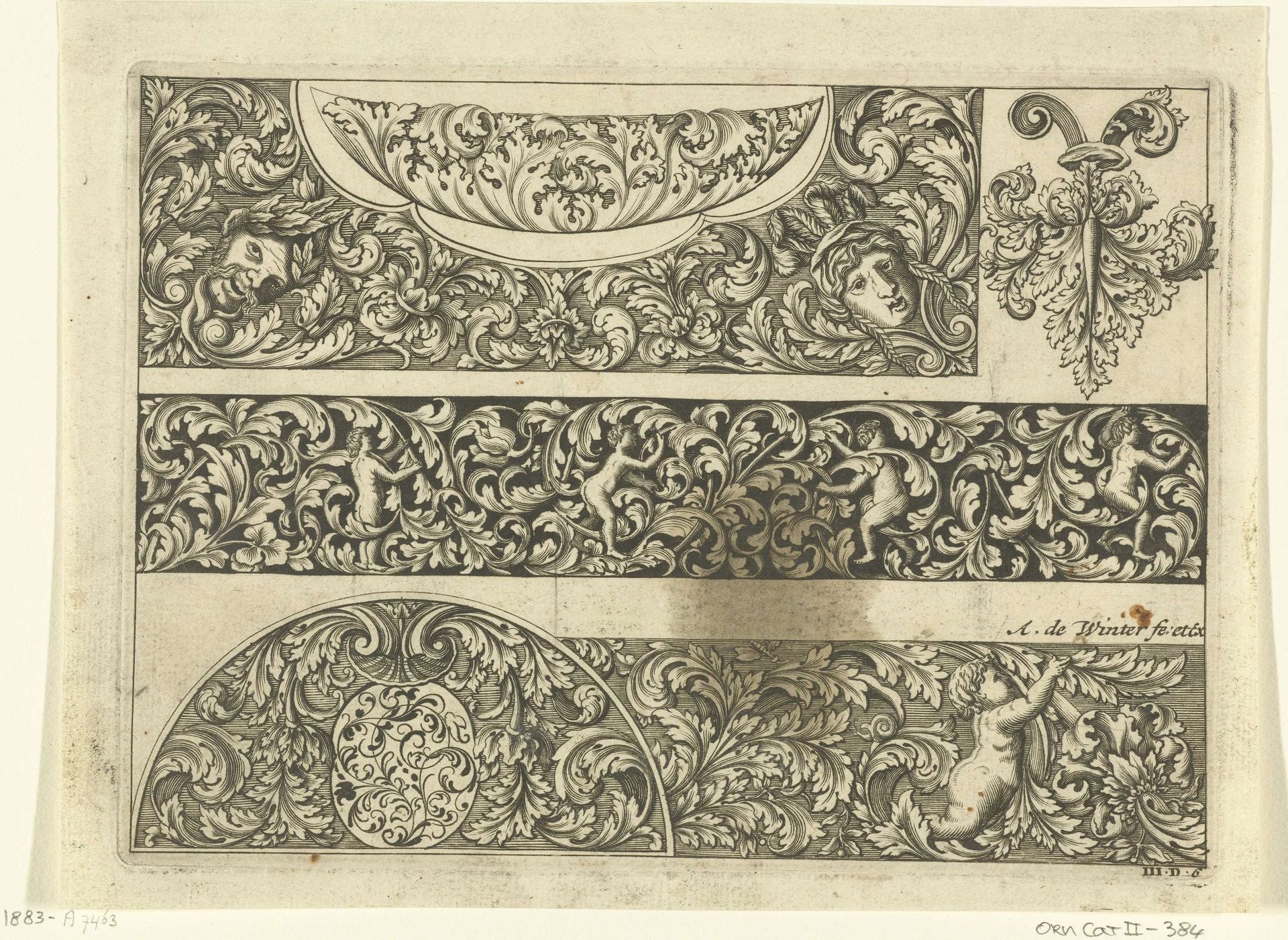 Drie stroken met bladranken, maskers en putti by Anthonie de Winter