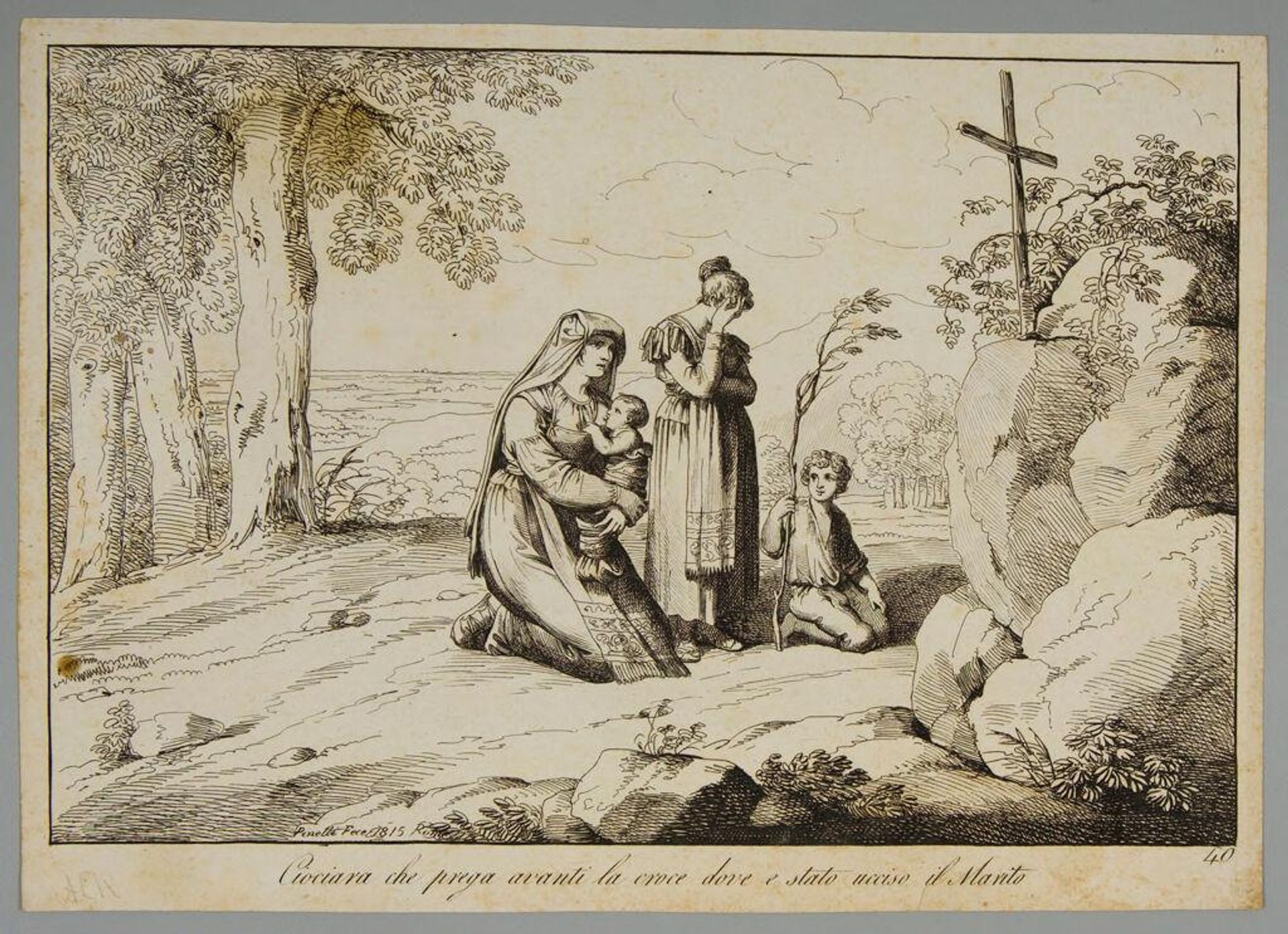 Ciociara che prega avanti la croce dove e stato ucciso il marito by Bartolomeo Pinelli