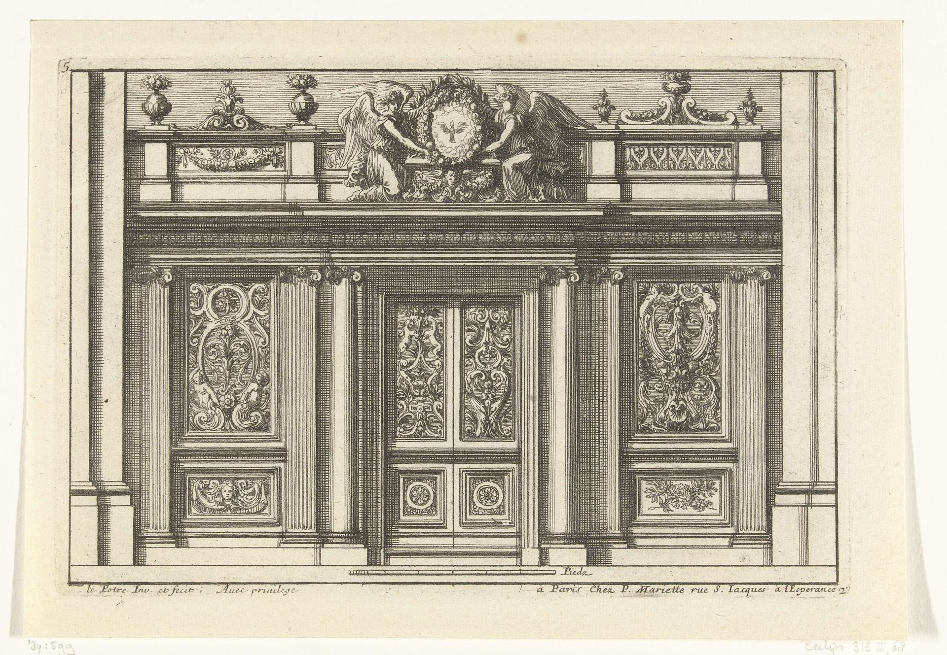 Koorhek bekroond met twee engelen by Jean Lepautre