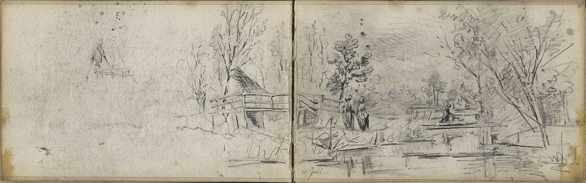 Twee figuren bij een brug over een rivier by Willem Cornelis Rip