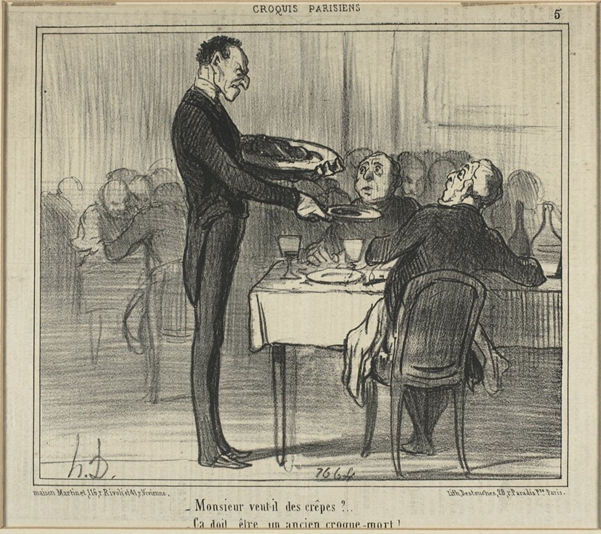 "Would Monsieur like some crêpes?.. - He must have been an undertaker," plate five from Croquis Parisiens (Parisian Sketches) by Honoré Daumier