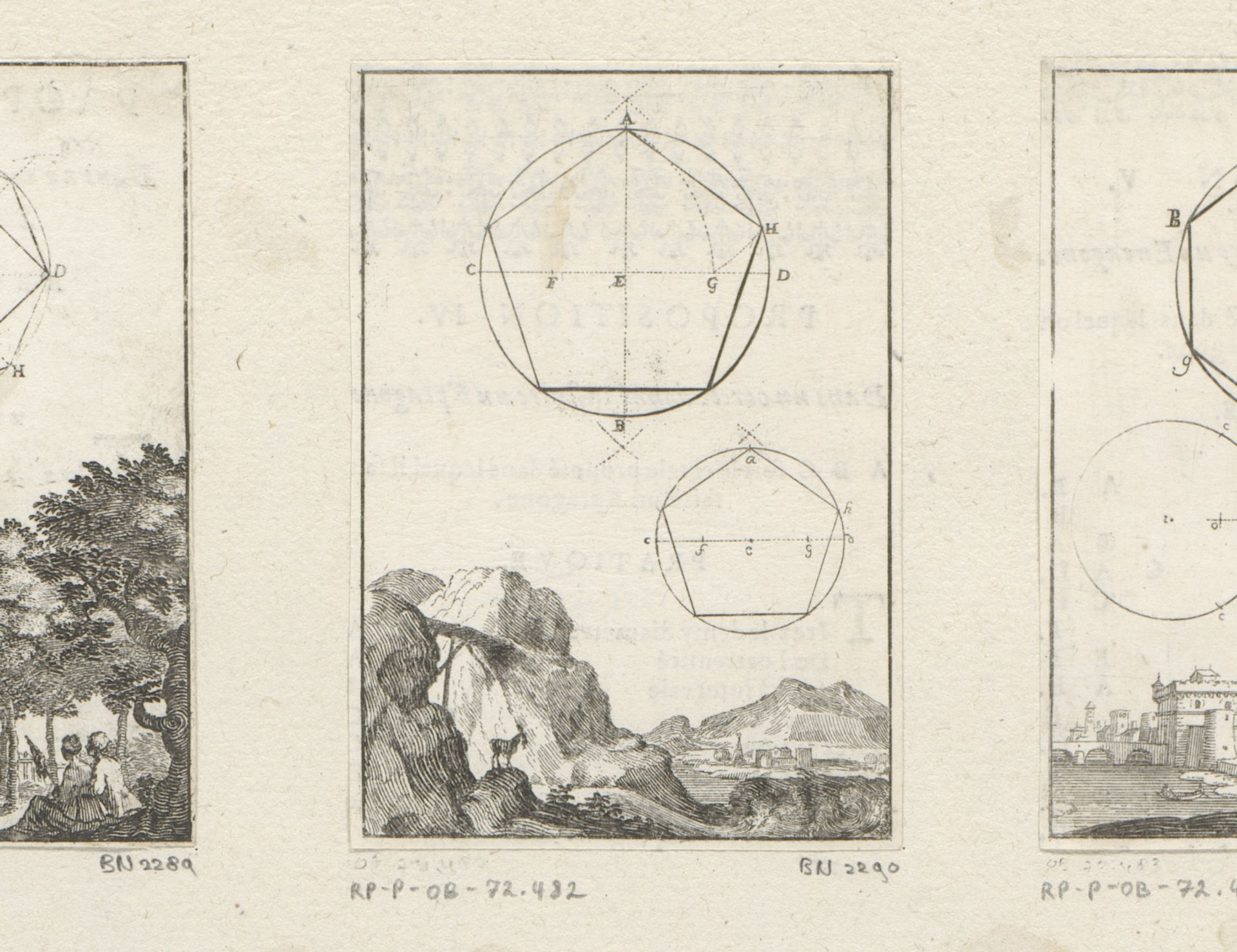 Constructie van een vijfhoek in een cirkel met onderaan een berglandschap by Sébastien Leclerc I