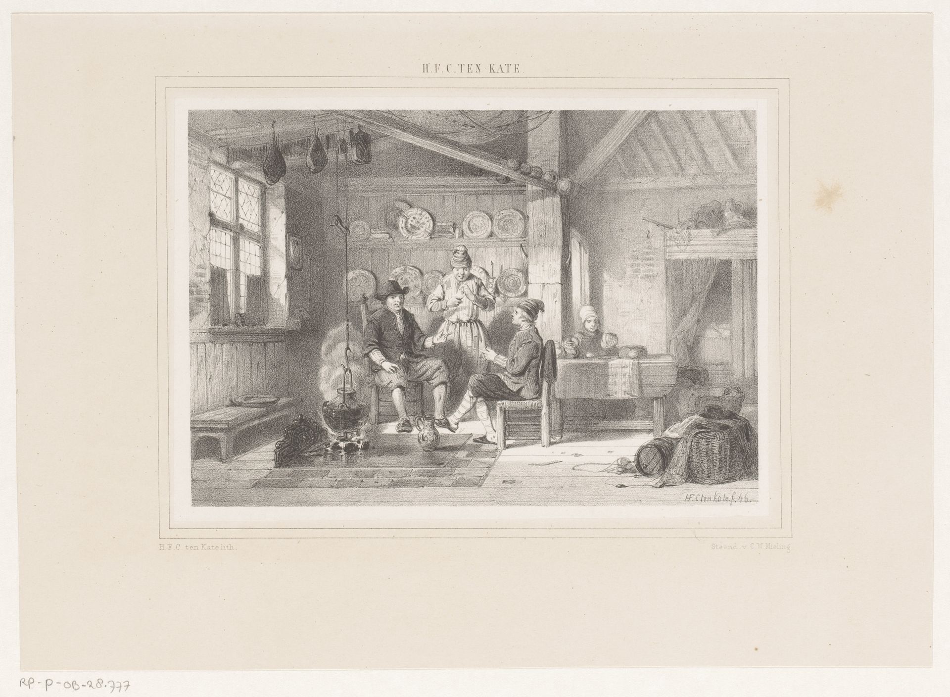 Interieur met drie mannen bij een haard by Herman Frederik Carel ten Kate