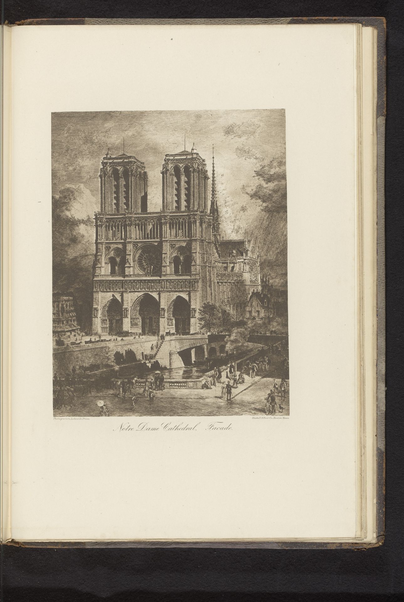 Reproductie van een ontwerp van een gezicht op de Notre-Dame te Parijs by Lakeside Press
