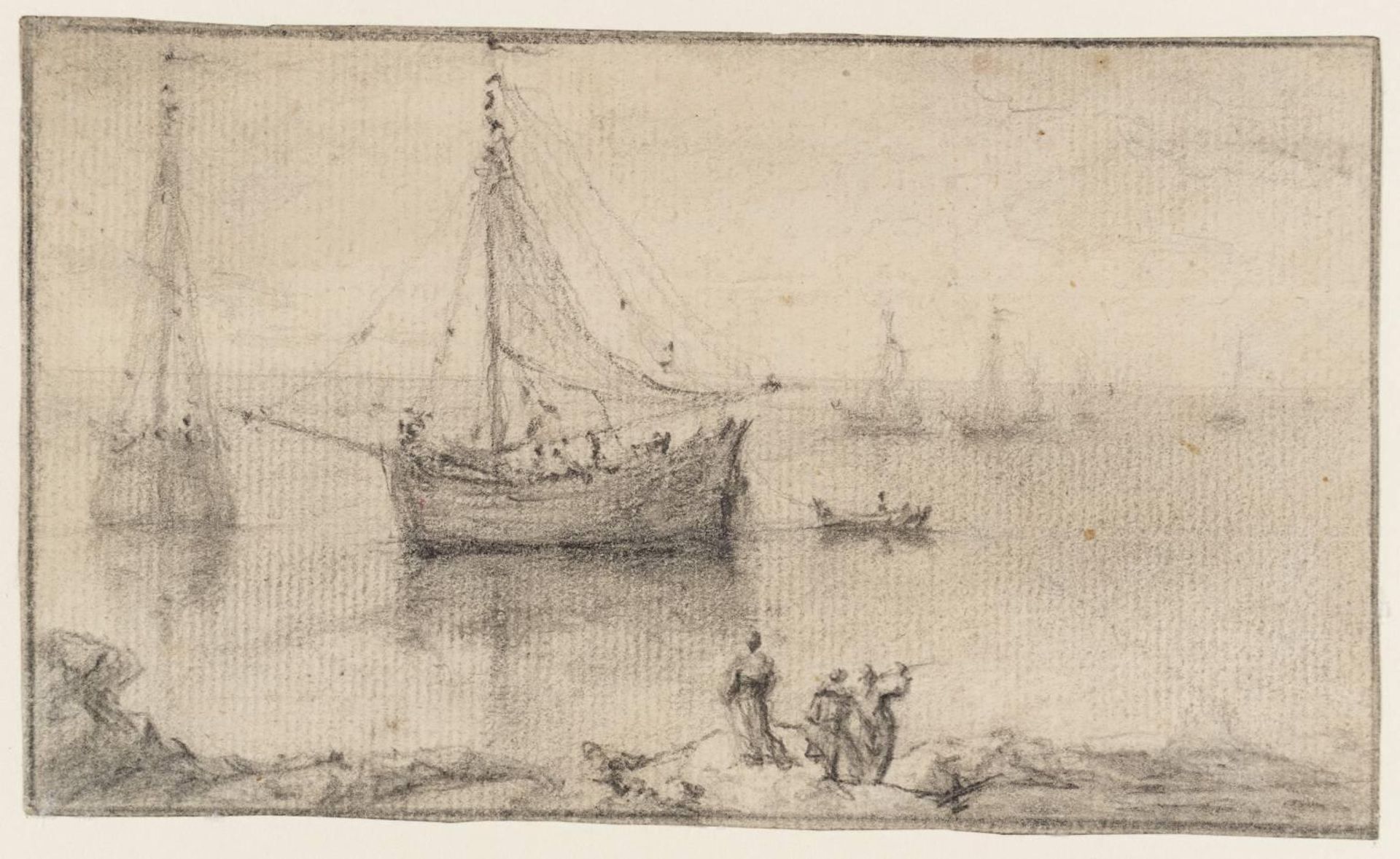 Coastal Scene with Two Sailing Boats at Anchor and Three Figures on the Shore by  Susanna Duncombe