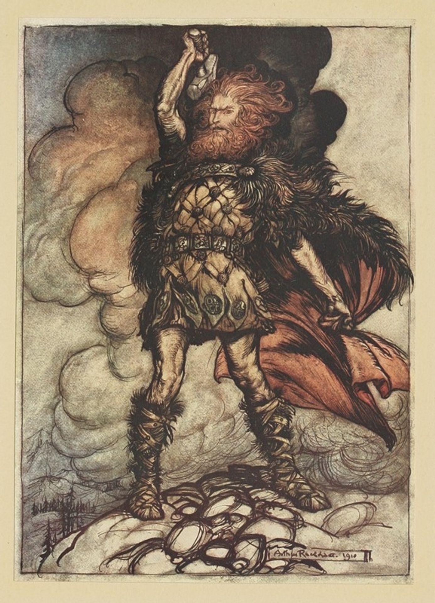 ‘To my hammer’s swing Hitherward sweep Vapours and fogs!’ by Arthur Rackham