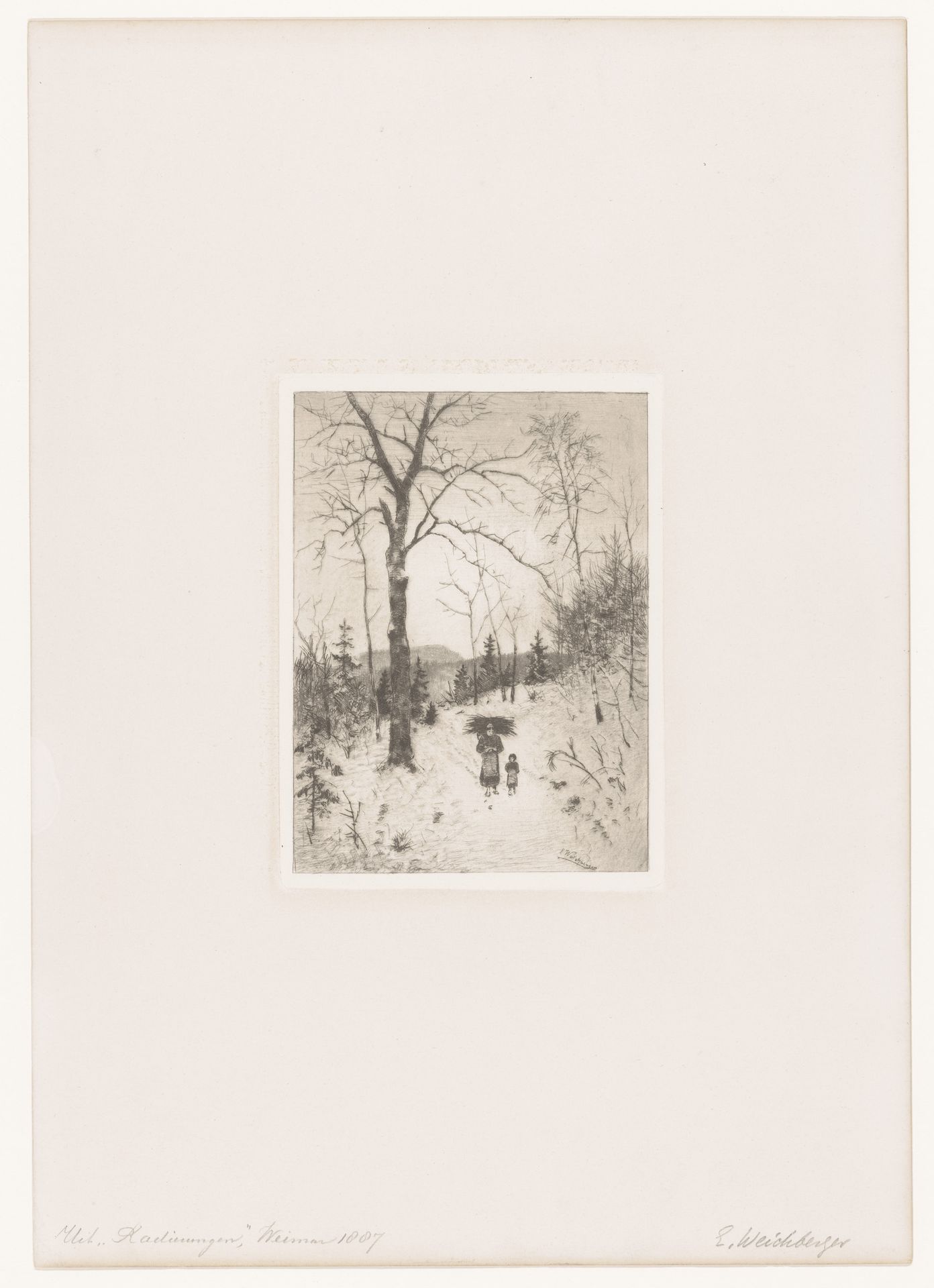 Hout sprokkelende vrouw met kind in een besneeuwd bos by Eduard Weichberger