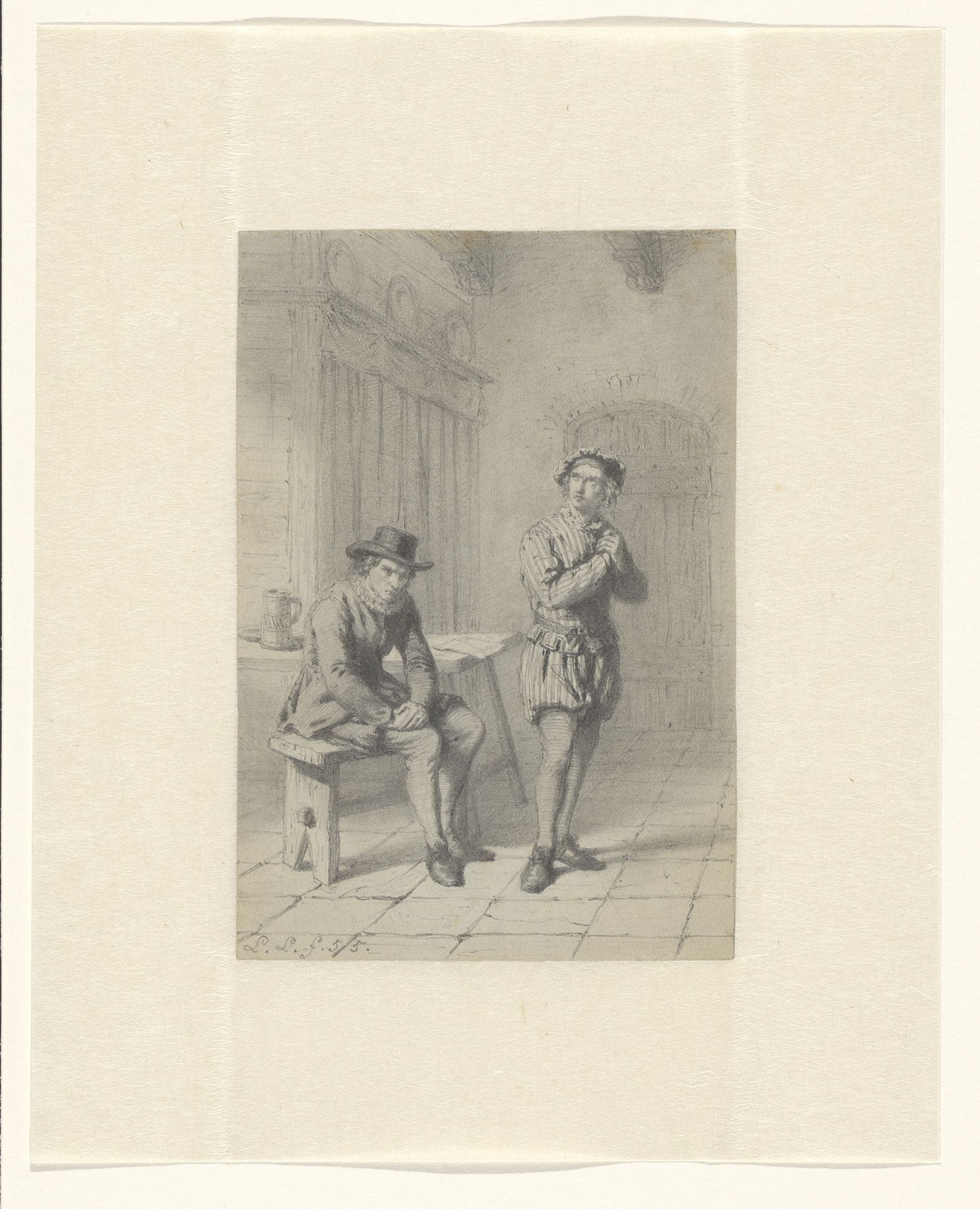 Interieur met twee peinzende mannen by Lambertus Lingeman
