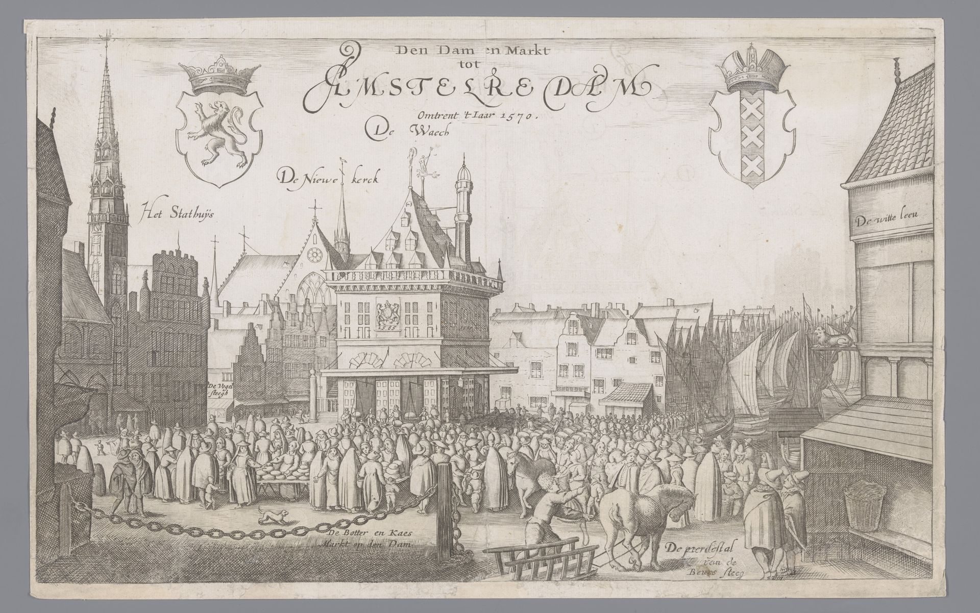 Noordzijde van de Dam met de weekmarkt voor boter, kaas, eieren en spek by Cornelis Dircksz. Boissens