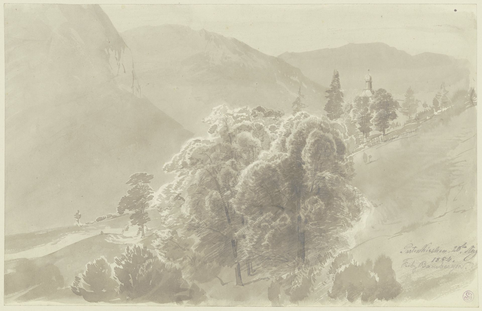 Gebirgslandschaft, im Vordergrund Baumgruppe, aus der ein Kirchturm hervorsieht by Fritz Bamberger