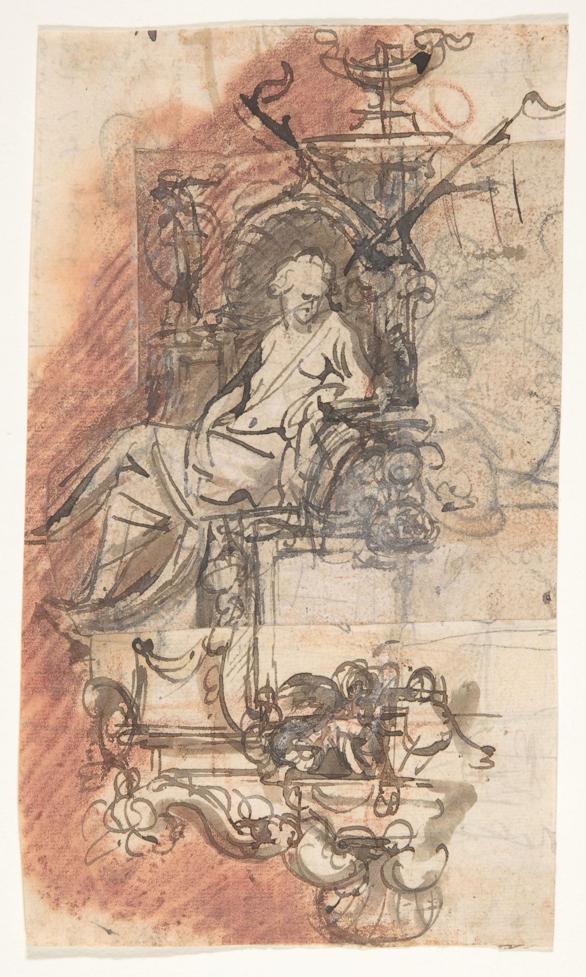 Design for a sepulchral monument with a seated female figure; verso: Design for a statue of a standing male figure and fragment of a letter by Pieter Verbruggen the Younger