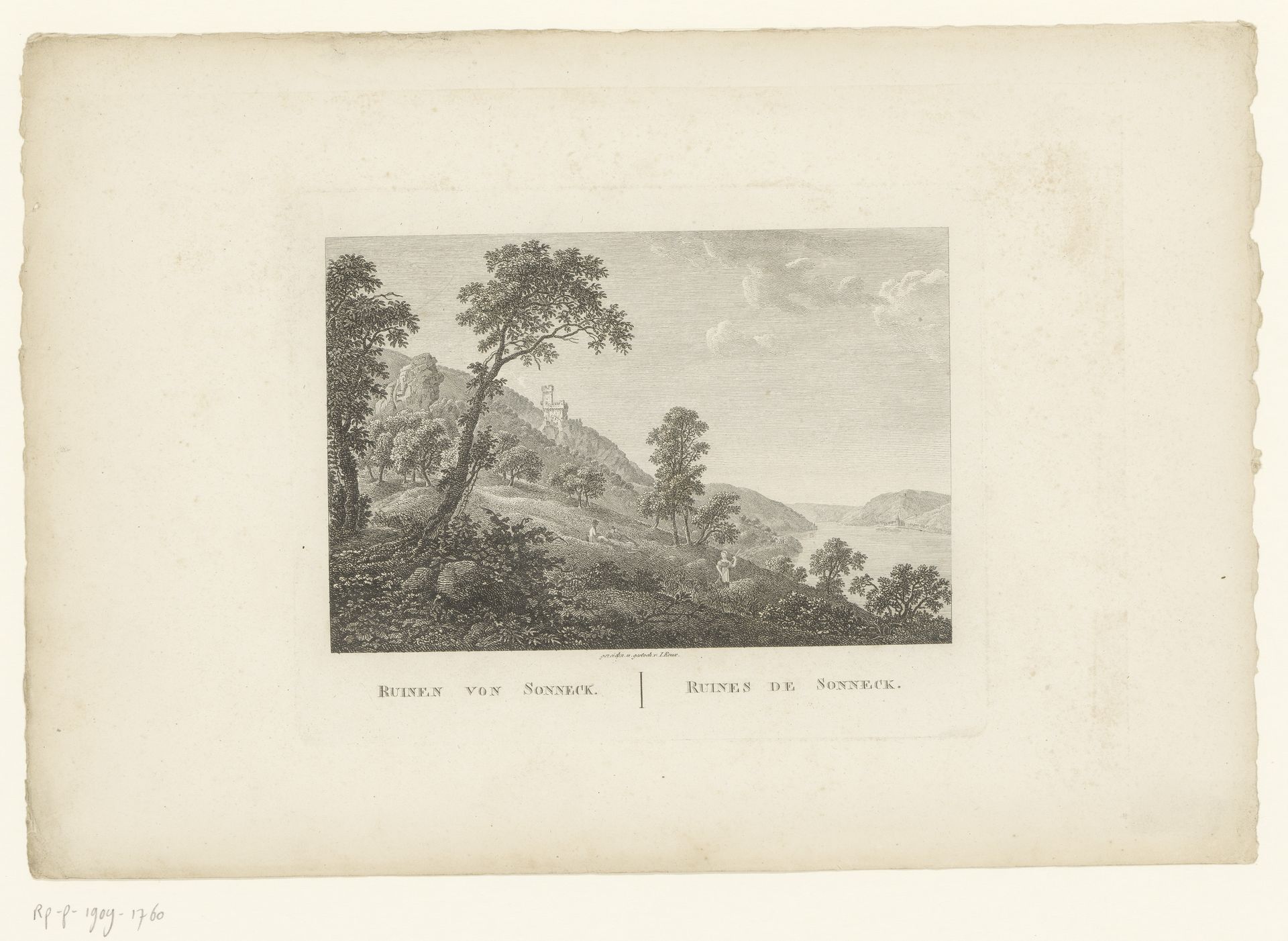 Gezicht op de ruïnes van burcht Sooneck by Jakob Wilhelm Christian Roux