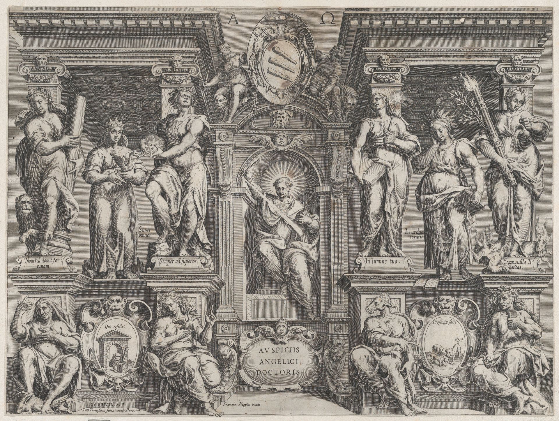 Allegorical thesis print with various figures, set in an architectural structure by Philippe Thomassin