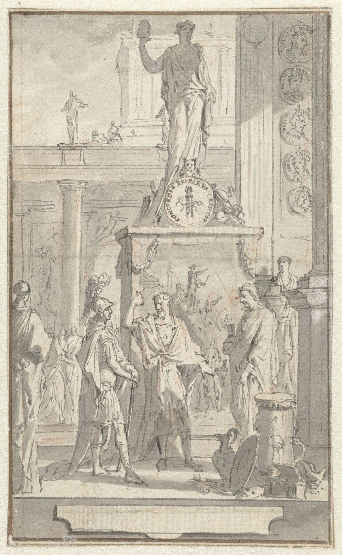 Personen staand voor een standbeeld by Jan Goeree