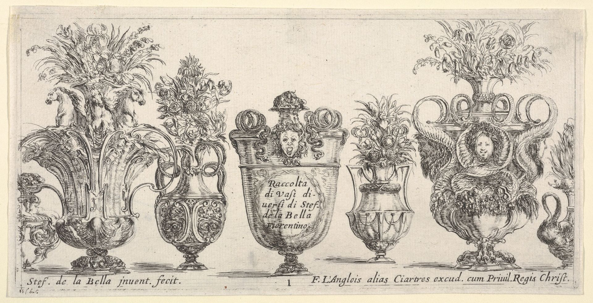Seven vases, the vase in the middle decorated with the face of Medusa, Plate 1 from "Collection of Various Vases" (Raccolta di Vasi Diversi) by Stefano della Bella