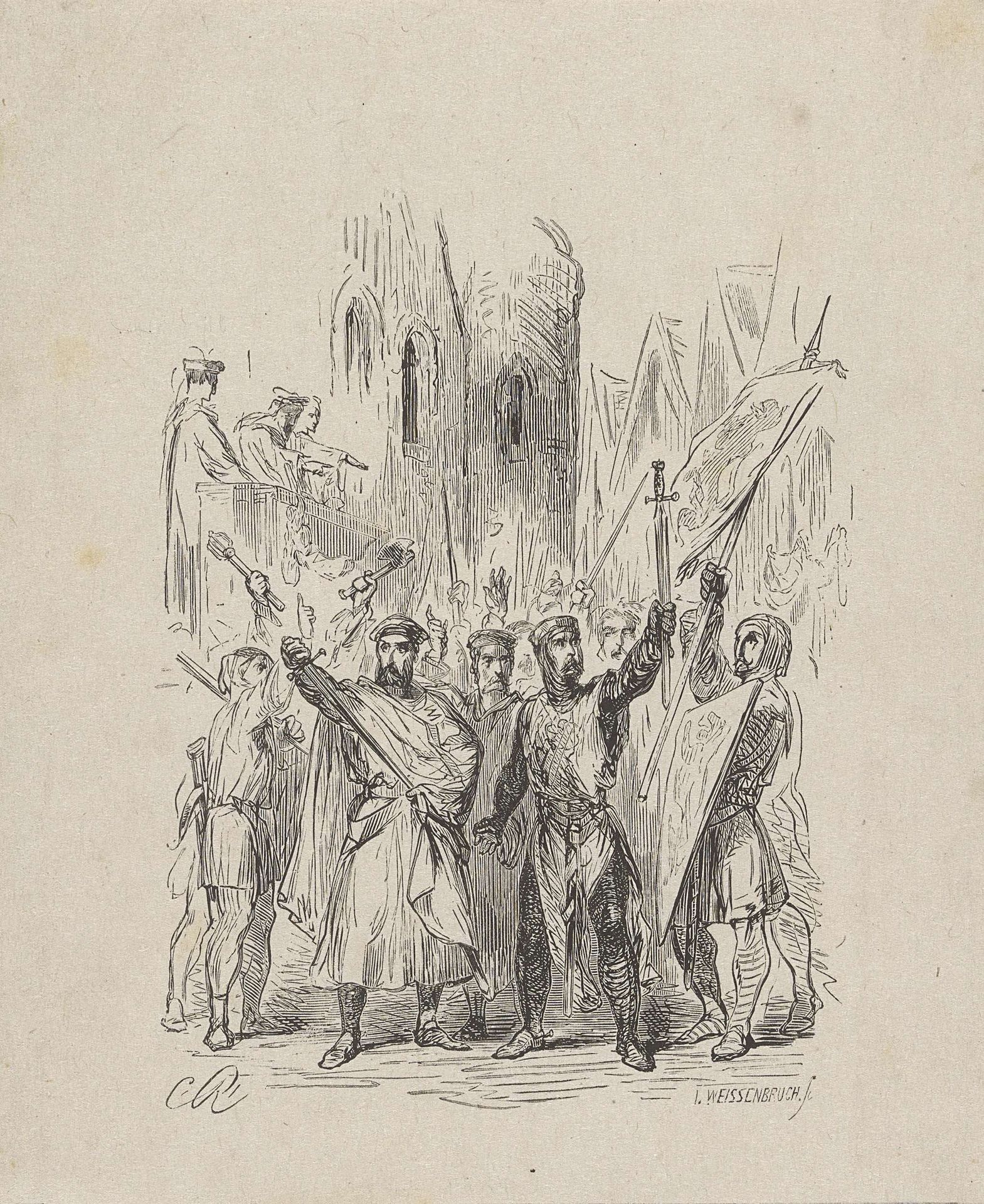 Groep soldaten de wapens in de lucht stekend by Isaac Weissenbruch