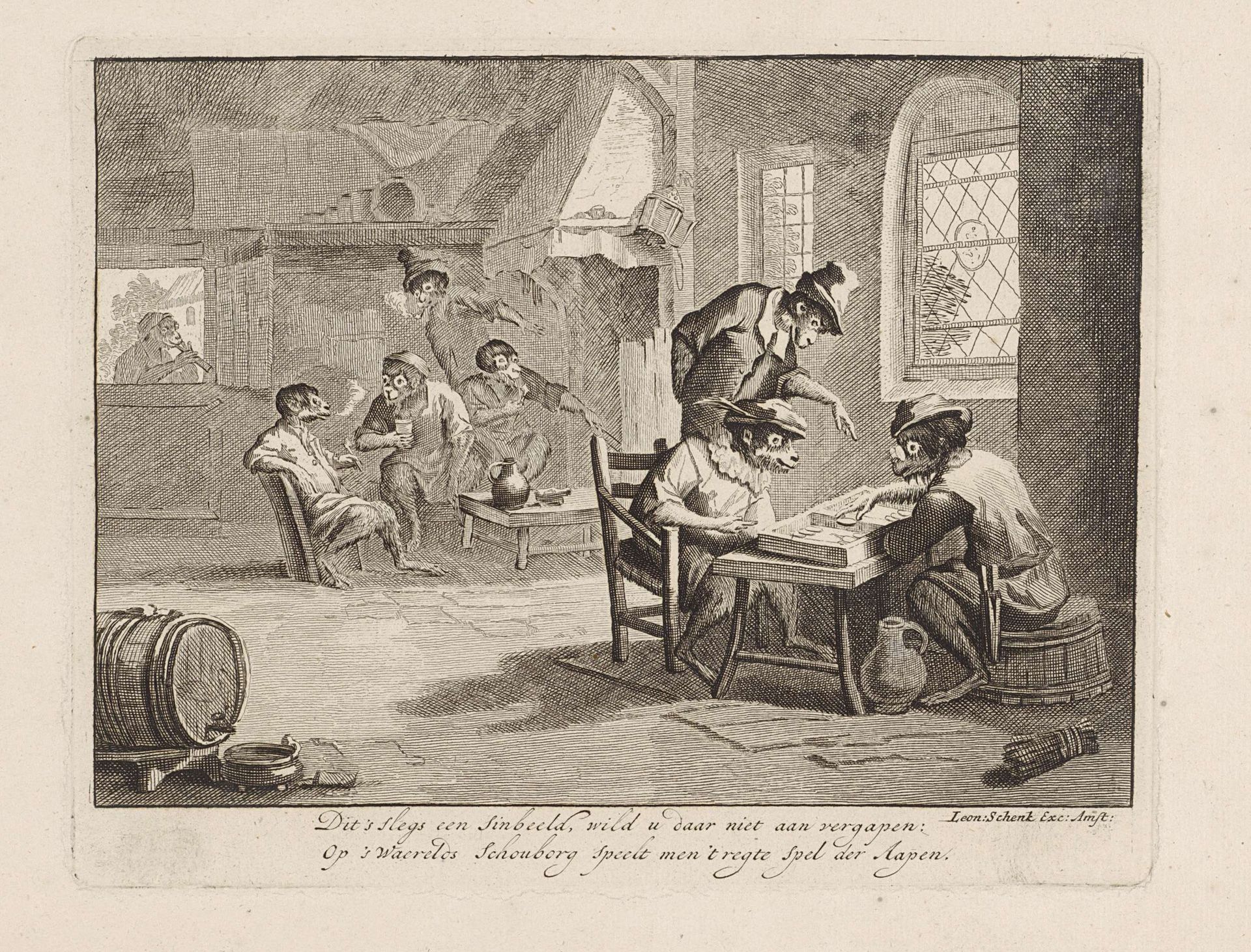 Apen in een herberg by Leonard Schenk