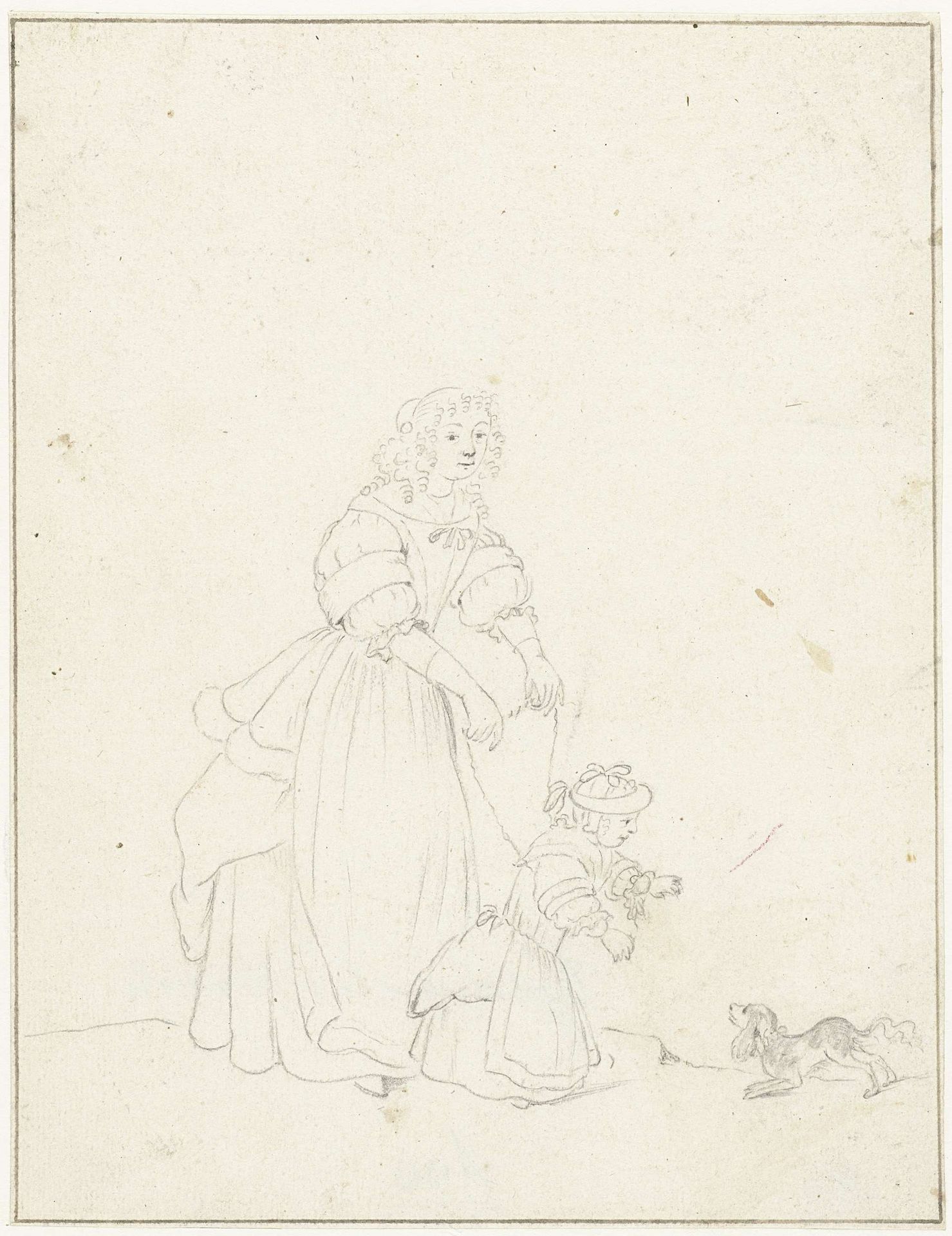 Vrouw lopend met een kind aan leidsels en een hond by Gesina ter Borch