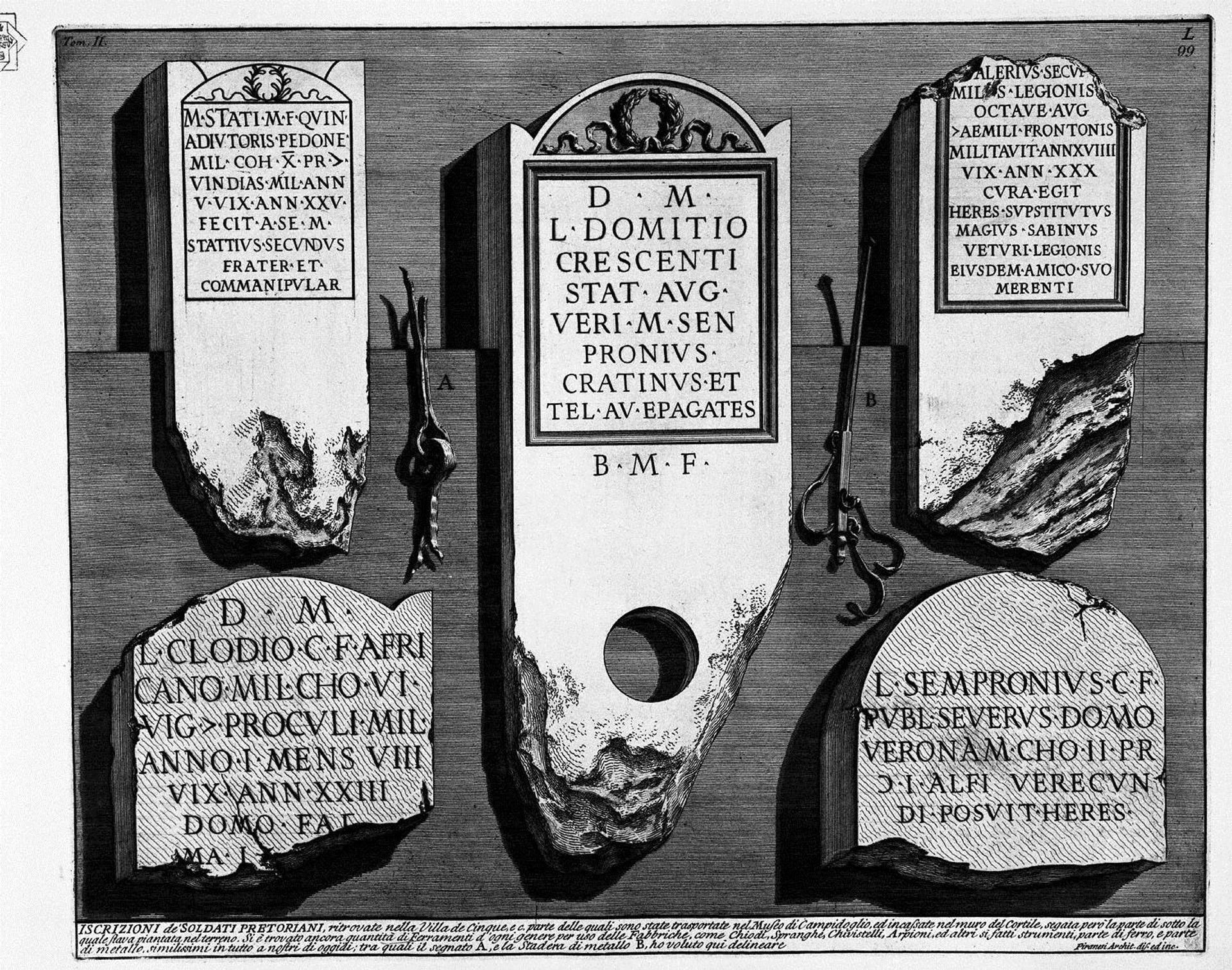 The Roman antiquities, t. 2, Plate L. Inscriptions de `Praetorian soldiers, found in the Villa de `Five. by Giovanni Battista Piranesi