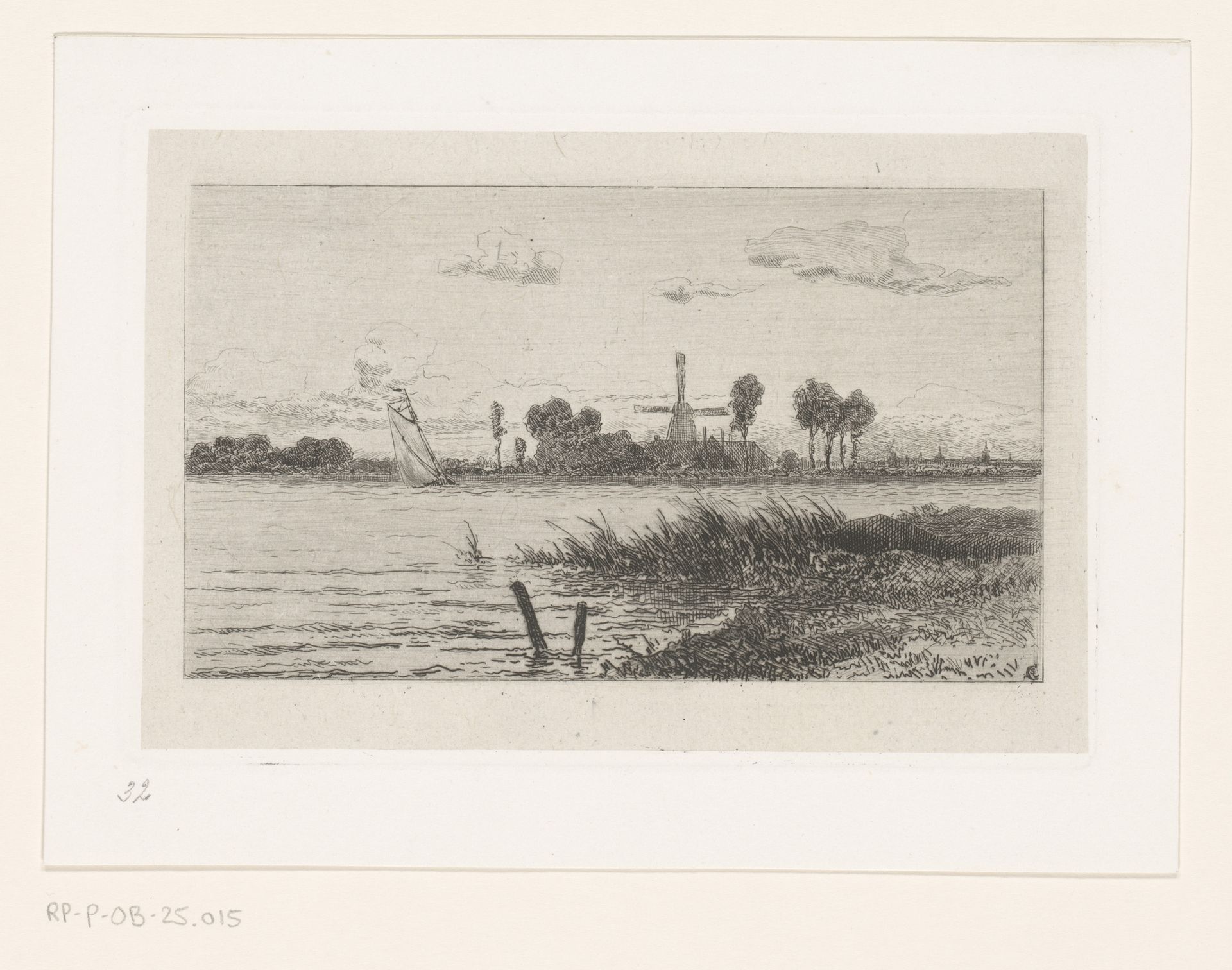 Abcoudermeer met zeilboot en molen by Carel Nicolaas Storm van 's-Gravesande