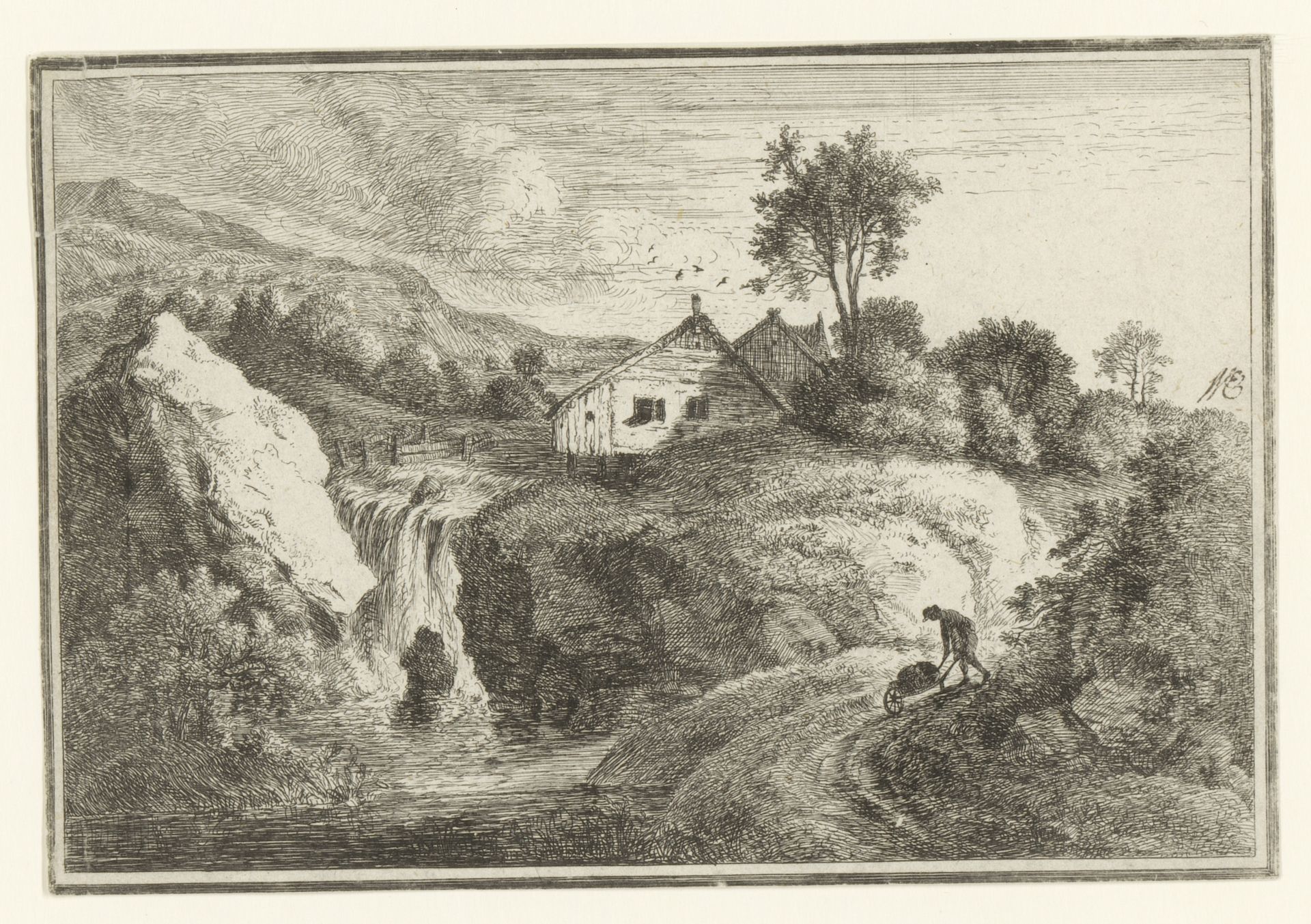 Landschap met een waterval en een man met een kruiwagen by J. Roemer