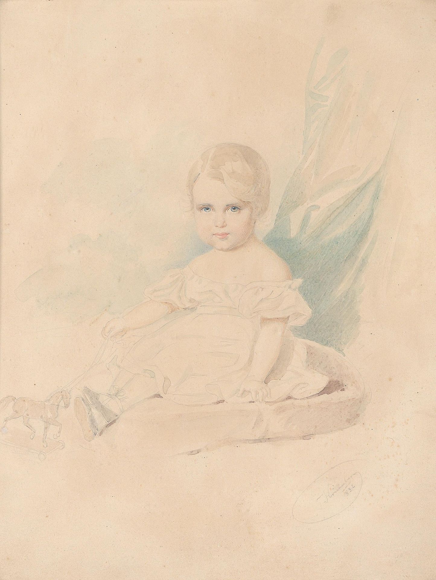 Emperor Franz Joseph I as a child, depiction of the two-year-old Archduke with play horse by Josef Kriehuber