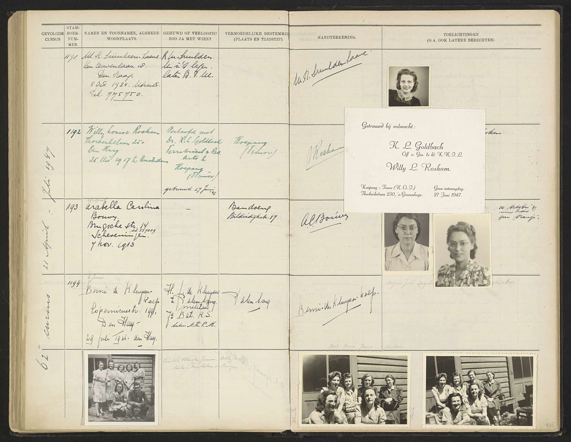 Blad 145 uit Stamboek van de leerlingen der Koloniale School voor Meisjes en Vrouwen te 's-Gravenhage deel II (1930-1949) by Anonymous