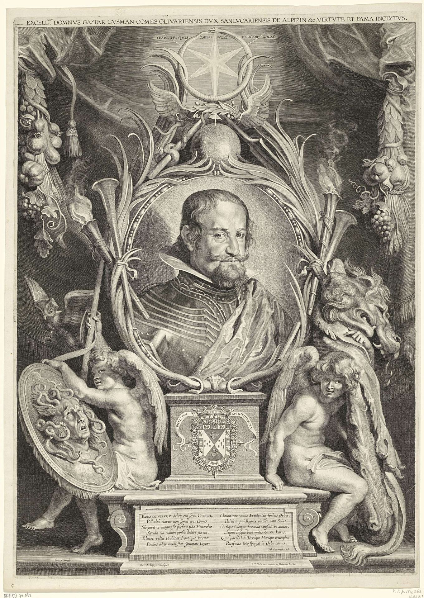 Allegorisch portret van Gaspard de Gusmán, graaf van Olivares en hertog van San Lucar by Paulus Pontius