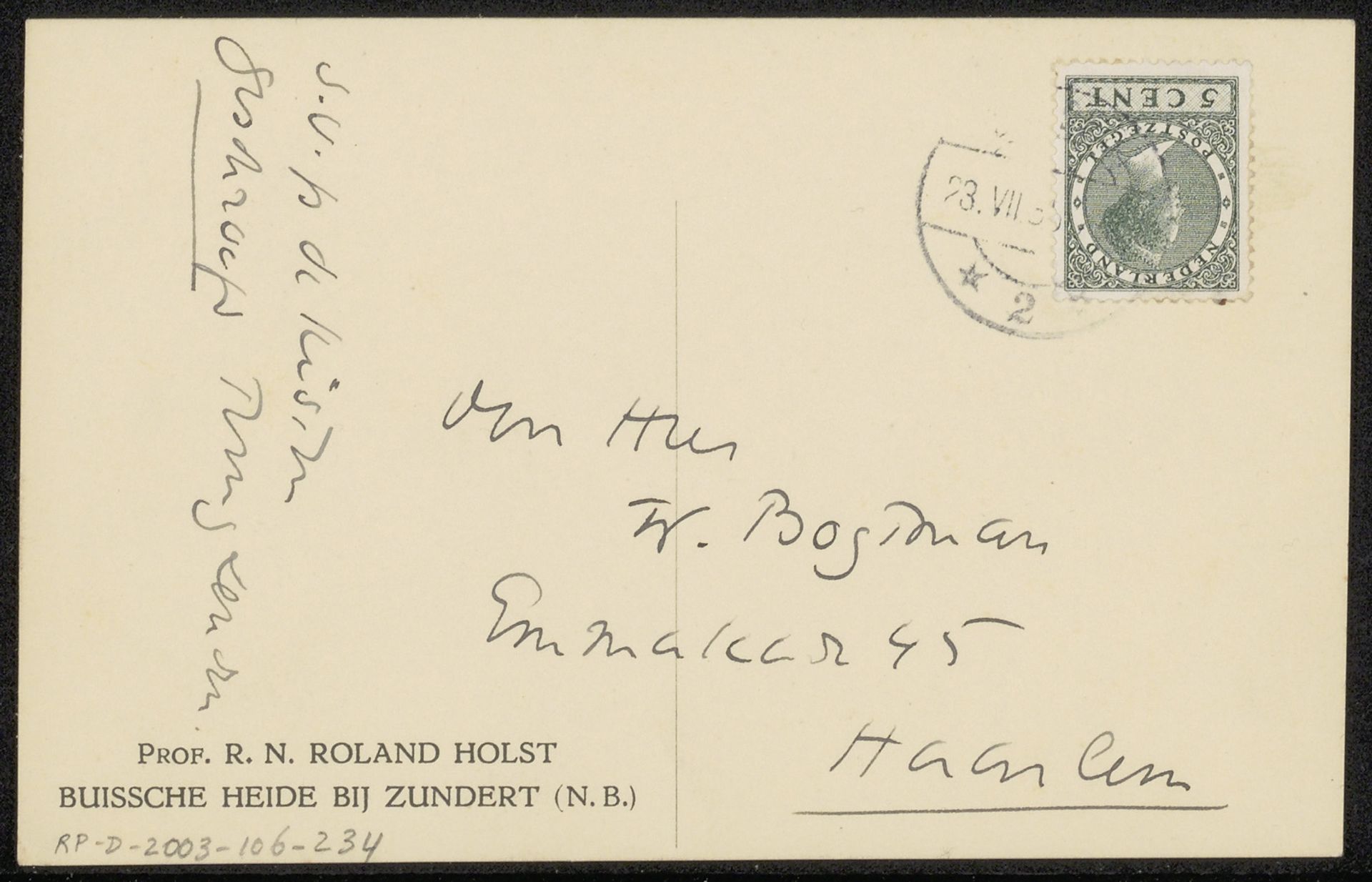 Briefkaart aan Willem Bogtman by Richard Nicolaüs Roland Holst