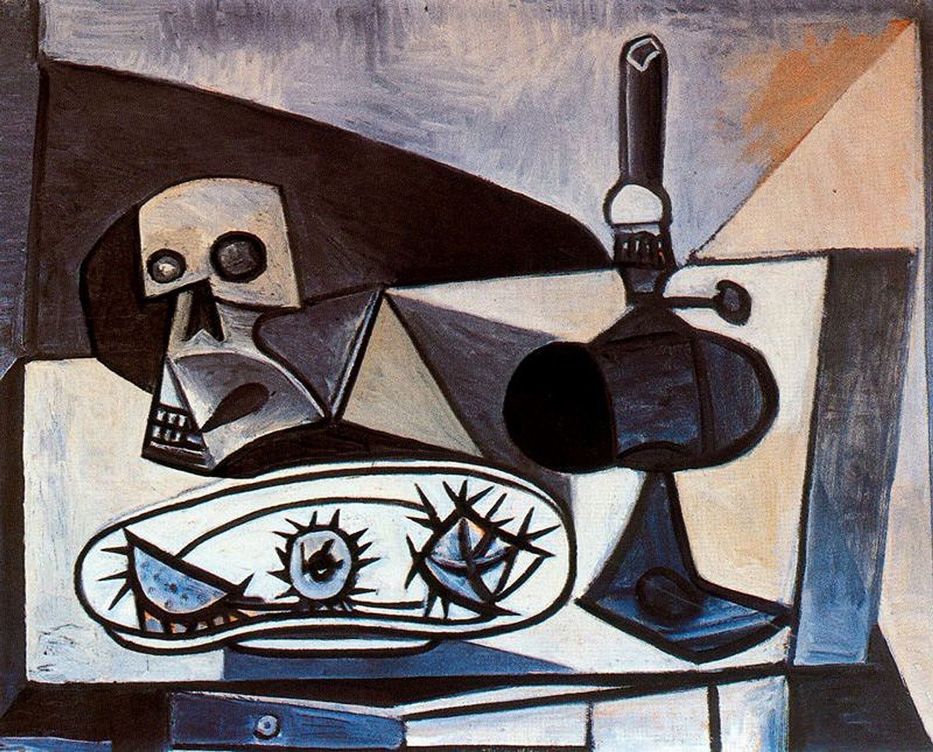 Skull, urchins and lamp on a table by Pablo Picasso