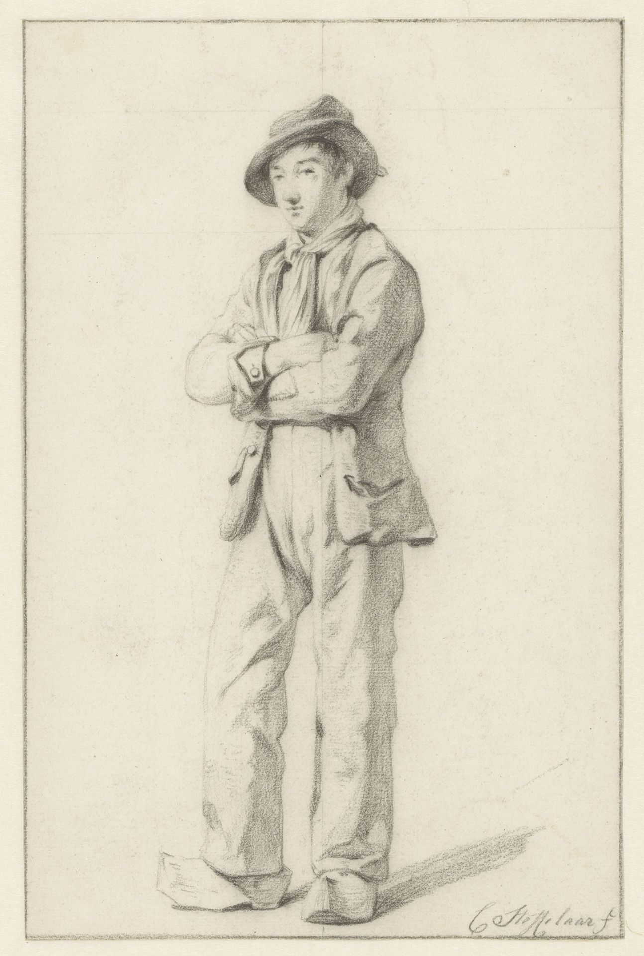 Staande jongeman met gekruiste armen en klompen aan by Cornelis Steffelaar