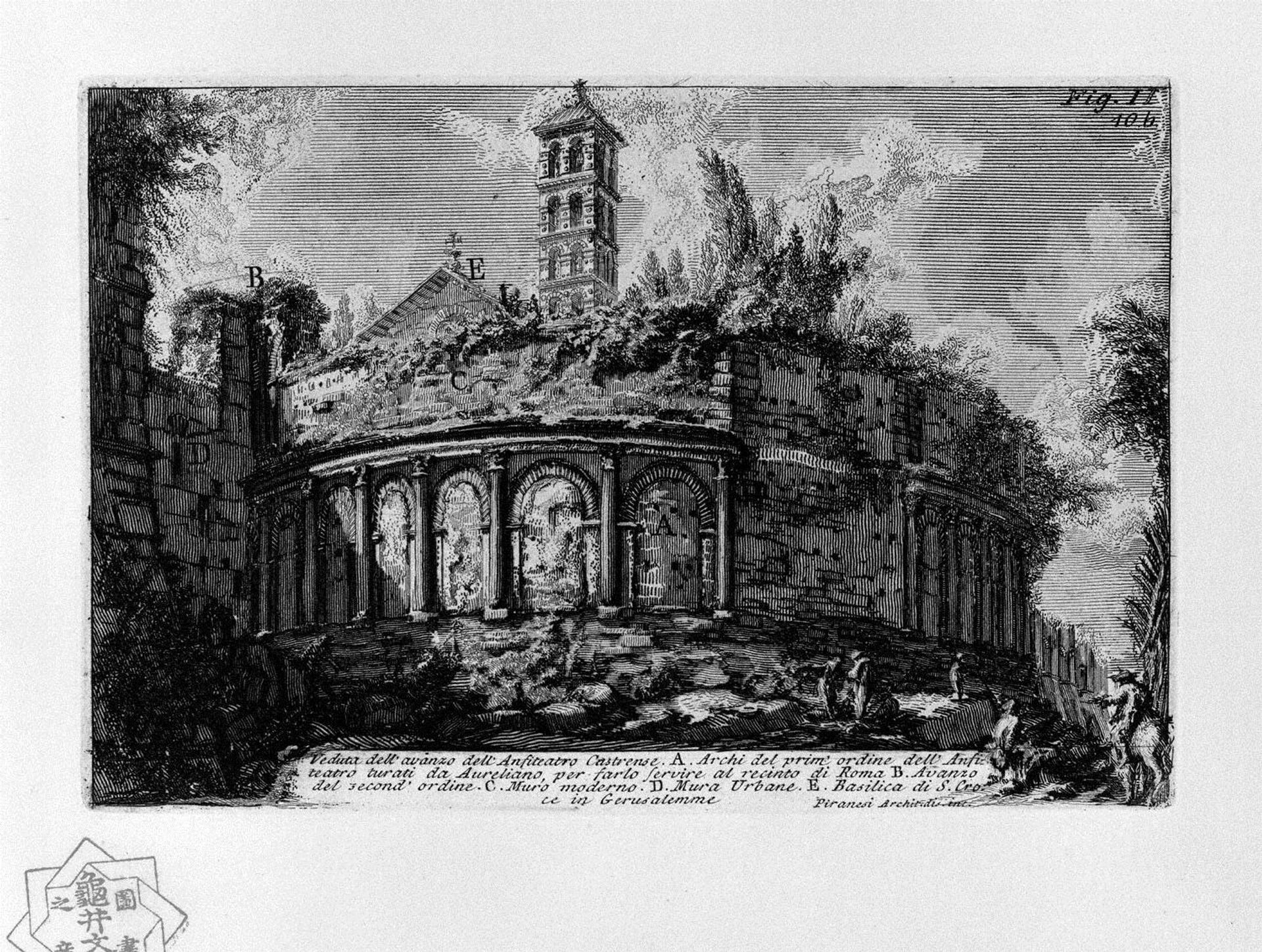 The Roman antiquities, t. 1, Plate X. Aurelian Walls and Amphitheatrum Castrense. by Giovanni Battista Piranesi