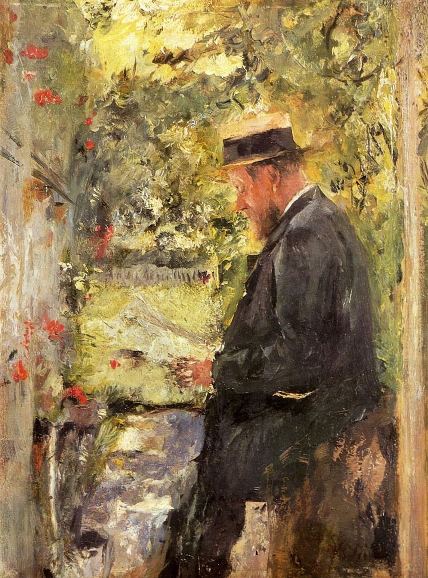 Porträt des Tierarztes Dr. Reindl in der Laube by Wilhelm Leibl
