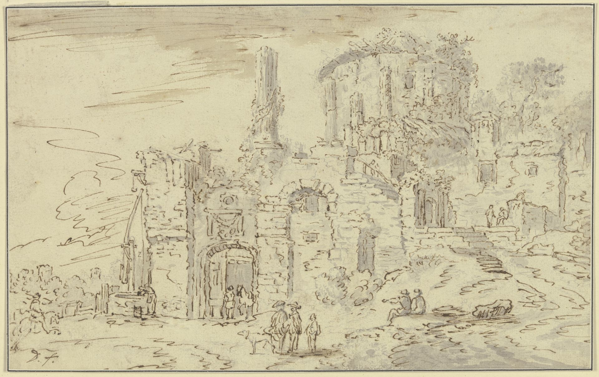 Ruinen von Tempelgebäuden in einer Landschaft by Christian Wilhelm Ernst Dietrich