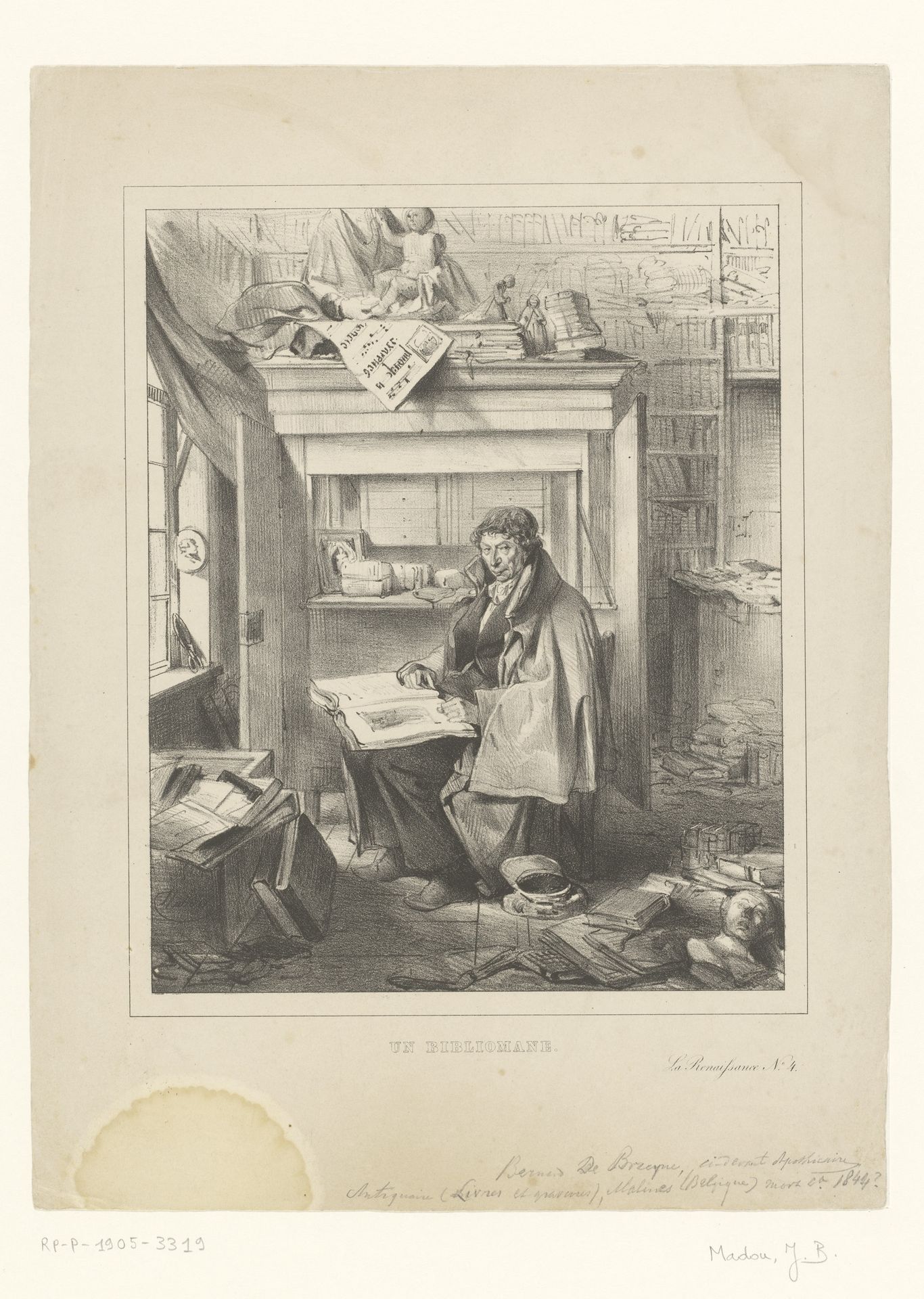 Man gezeten in een bibliotheek met boek op schoot by Jean-Baptiste Madou
