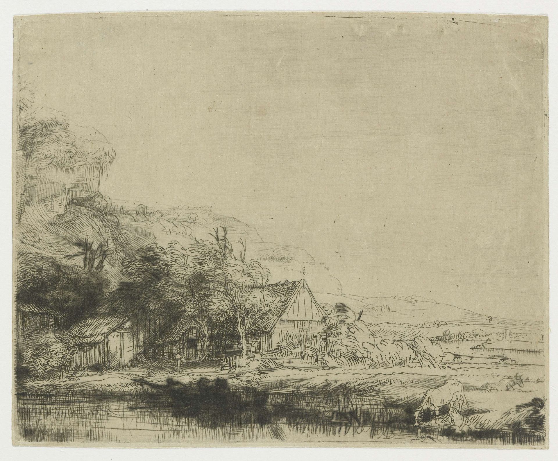Landscape with a cow drinking by Rembrandt van Rijn