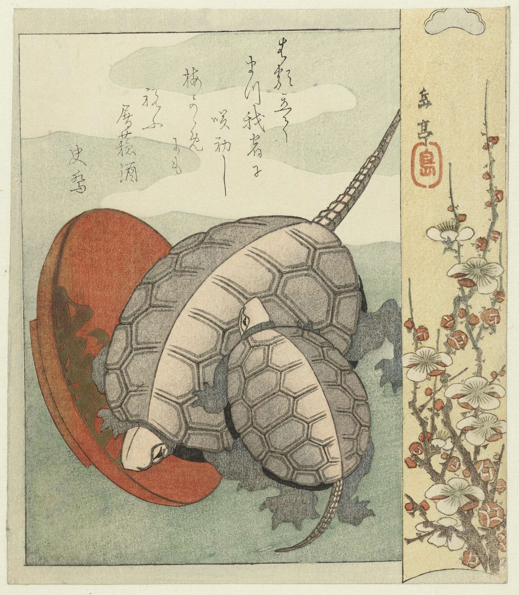Schildpadden met sake schaaltje by Yashima Gakutei 屋島岳亭