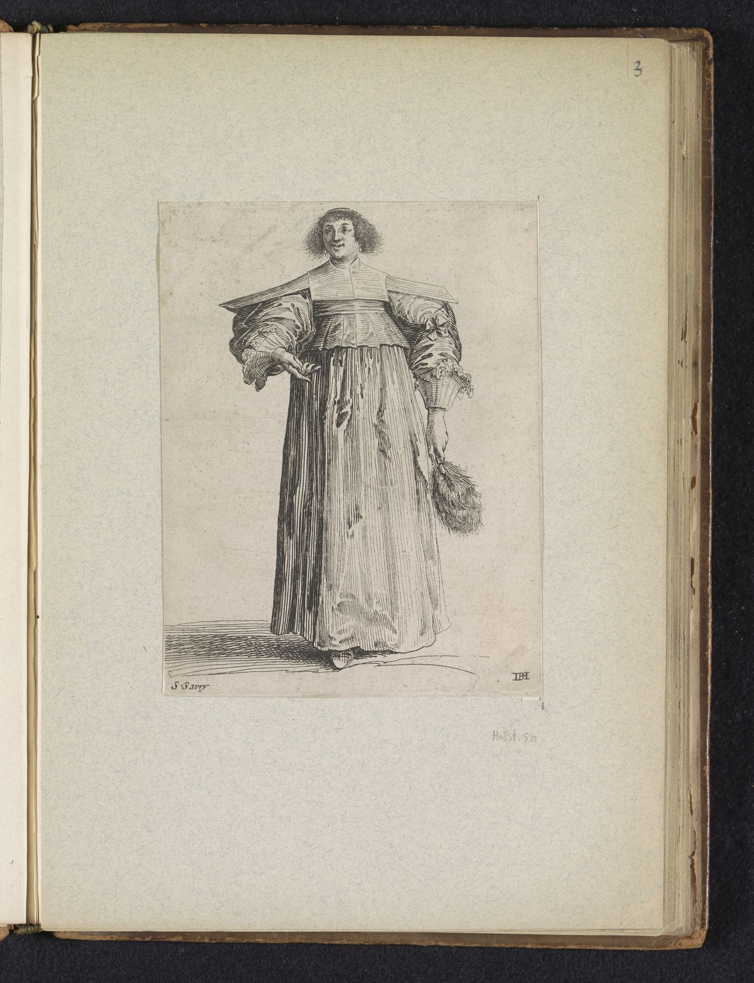 Vrouw, gekleed volgens de mode omstreeks 1620, met veren stokwaaier by Salomon Savery