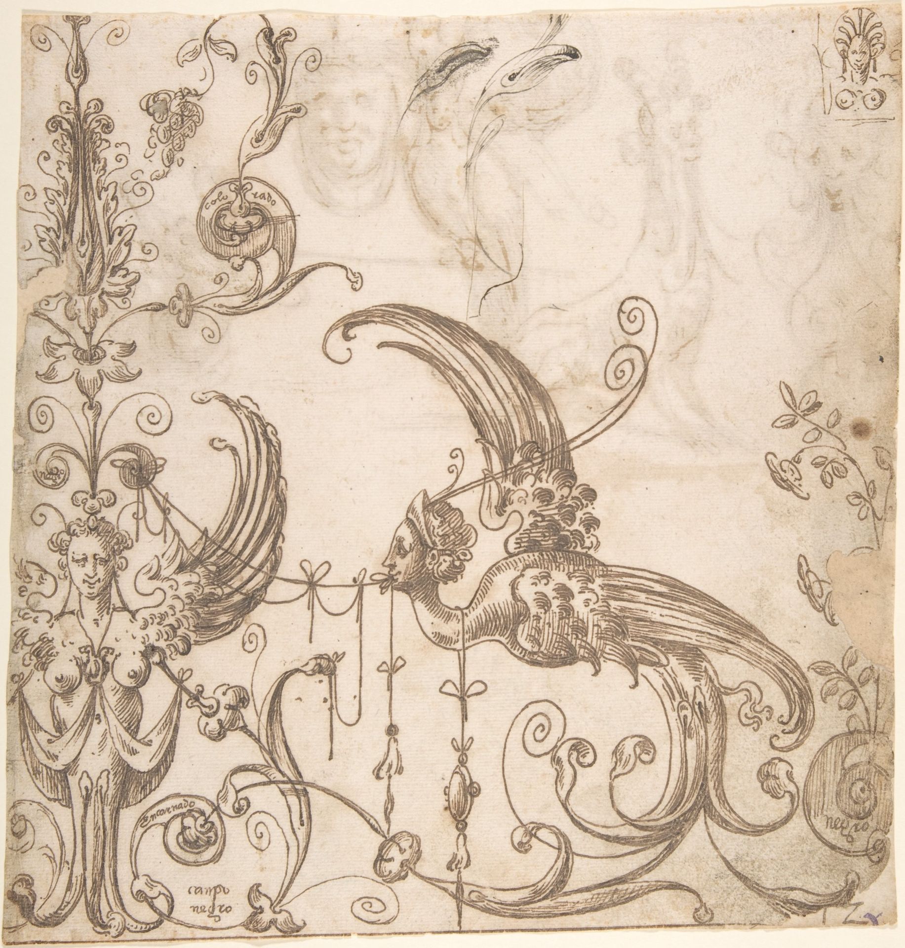 Female grotesque and harpy (recto); fantastical creatures and masks (verso) by Andrés de Melgar