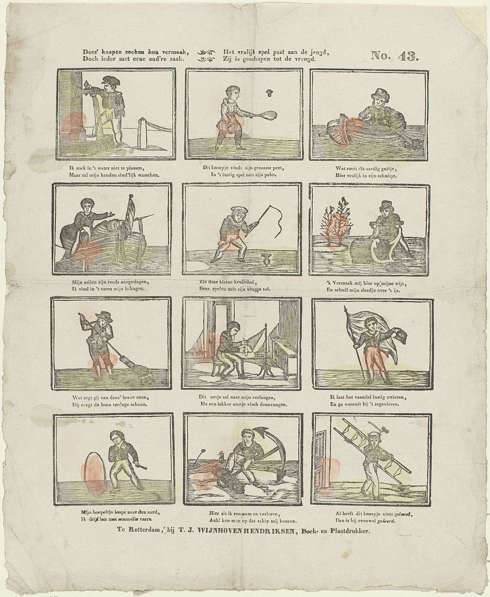 Deez' knapen zoeken hun vermaak, / Doch ieder met eene and're zaak. / Het vrolijk spel past aan de jeugd. / Zij is geschapen tot de vreugd by Theodorus Johannes Wijnhoven-Hendriksen