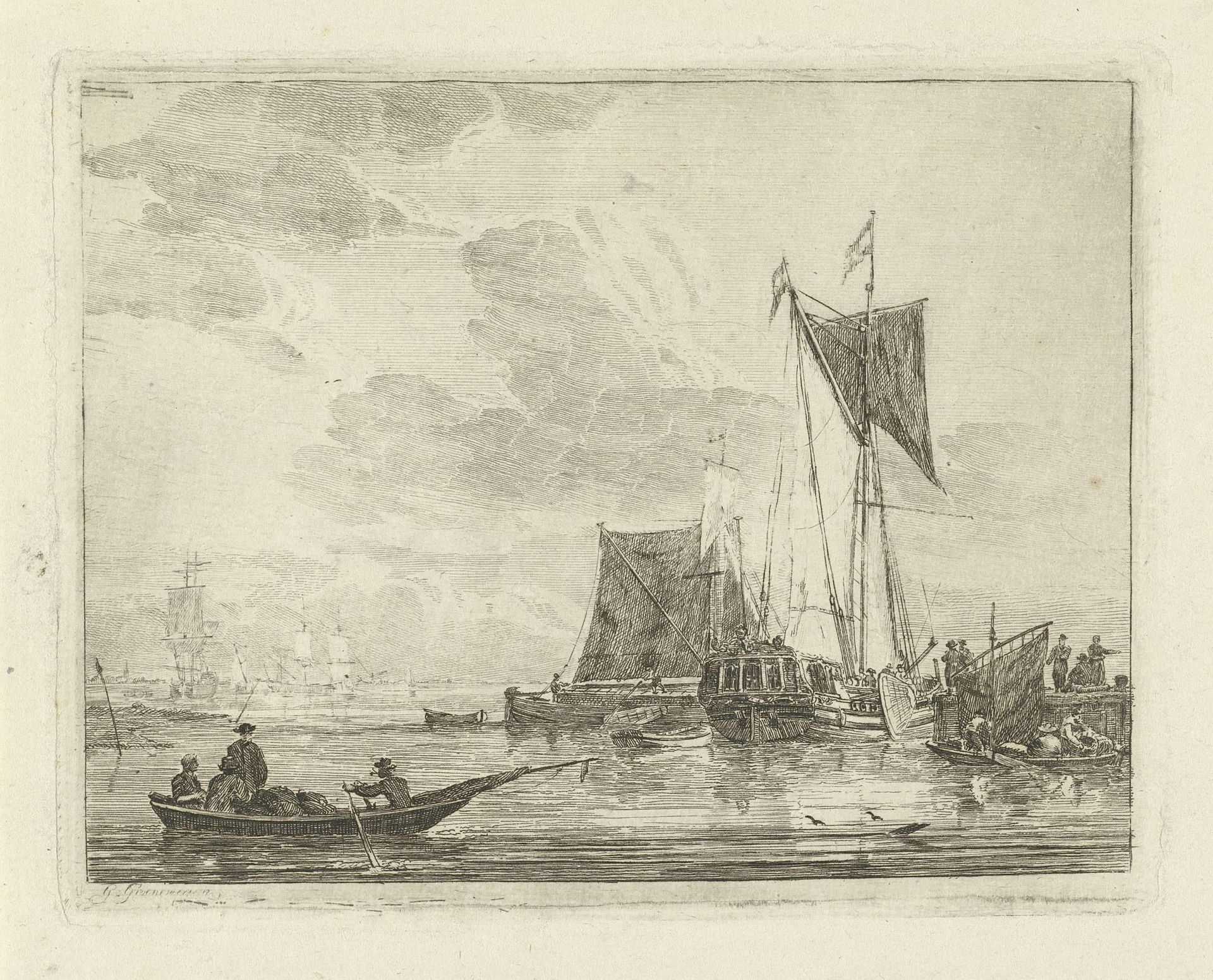 Schepen bij een steiger by Gerrit Groenewegen