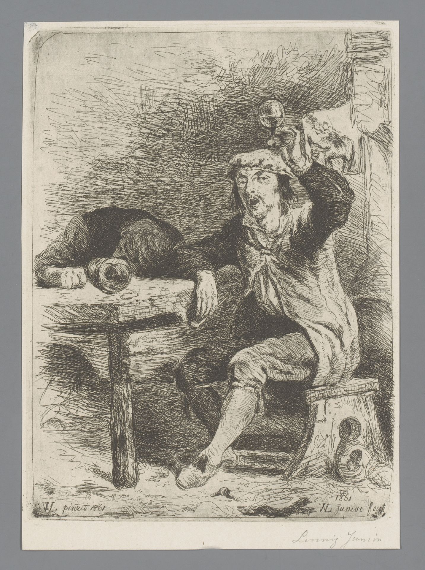 Twee mannen in een herberg, de een heft zijn glas, de ander is op tafel in slaap gevallen by Willem (II) Linnig