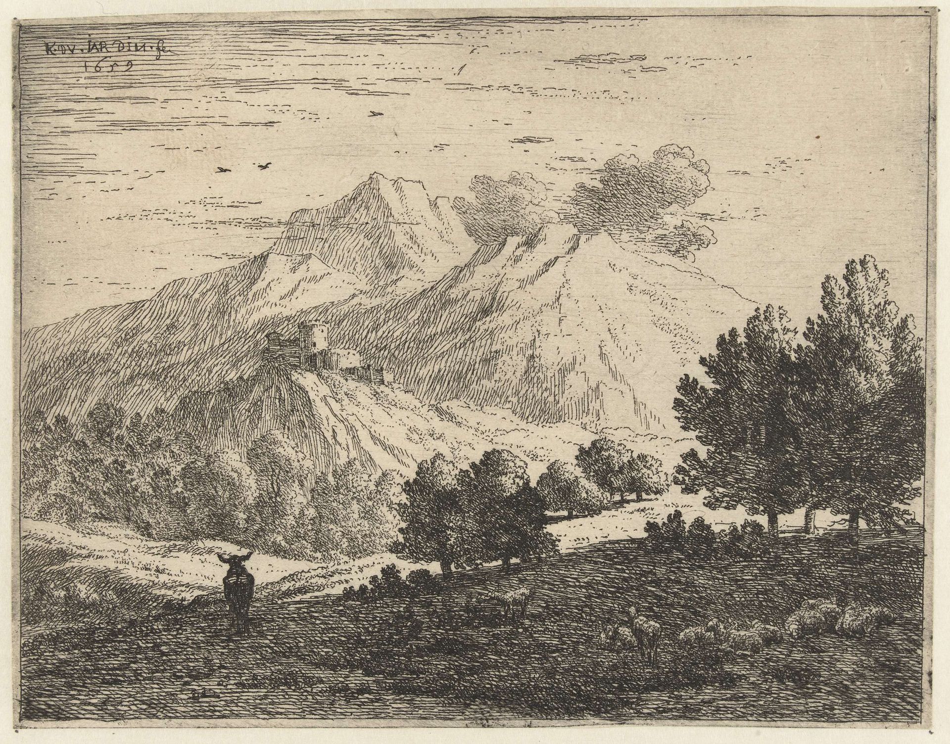 Landschap met vier bergen by Karel du Jardin