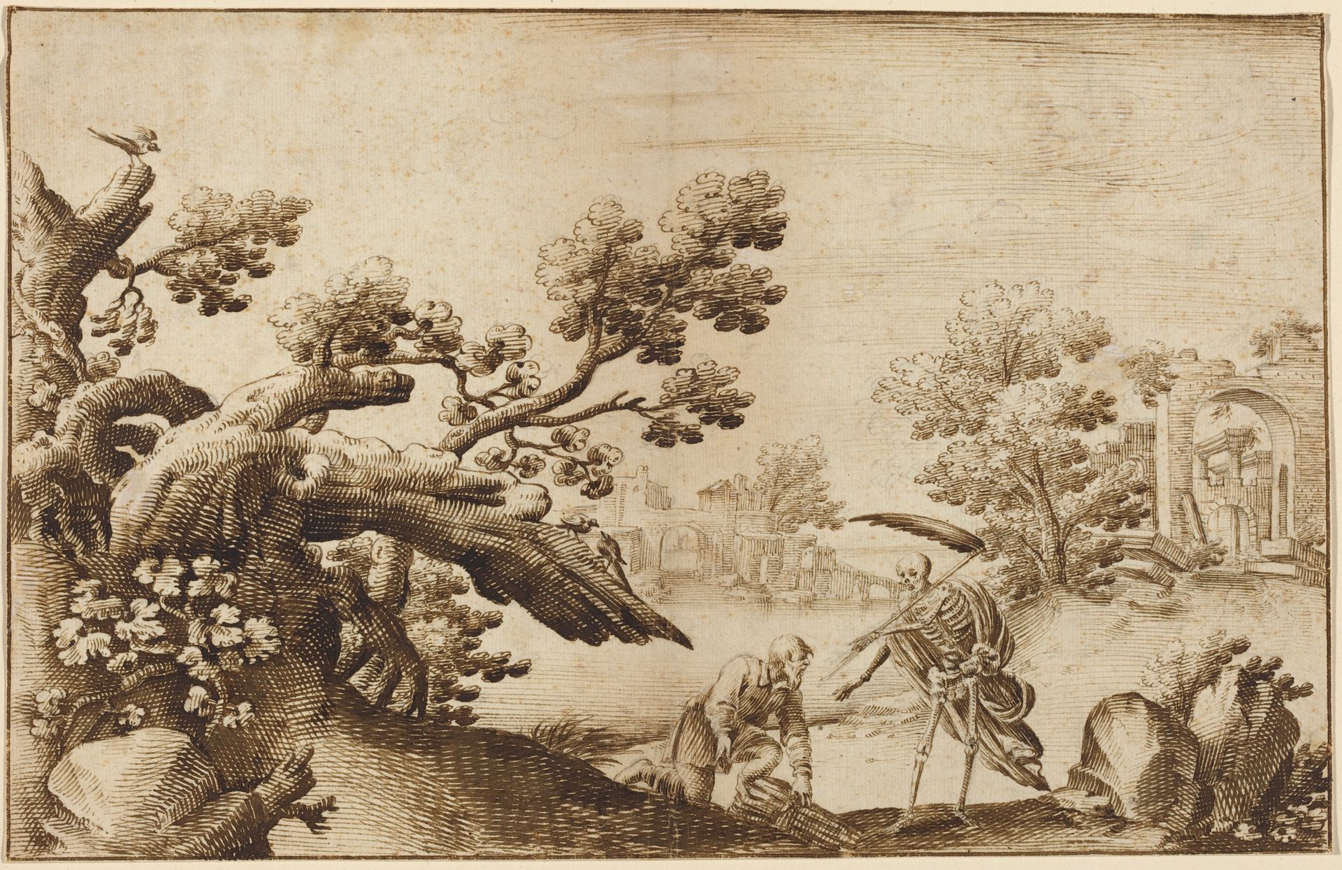 Death and the Woodman in a Coastal Landscape with Ruins by Ercole Bazicaluva
