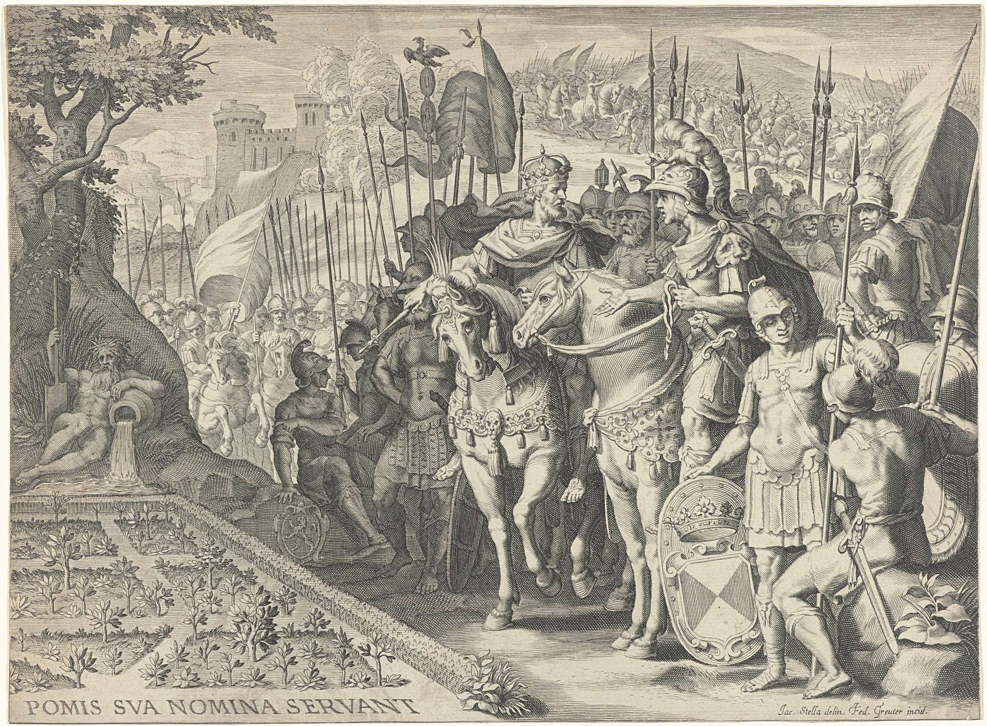 Keizer en gerenaal gevolgd door een leger bij een tuin by Johann Friedrich Greuter
