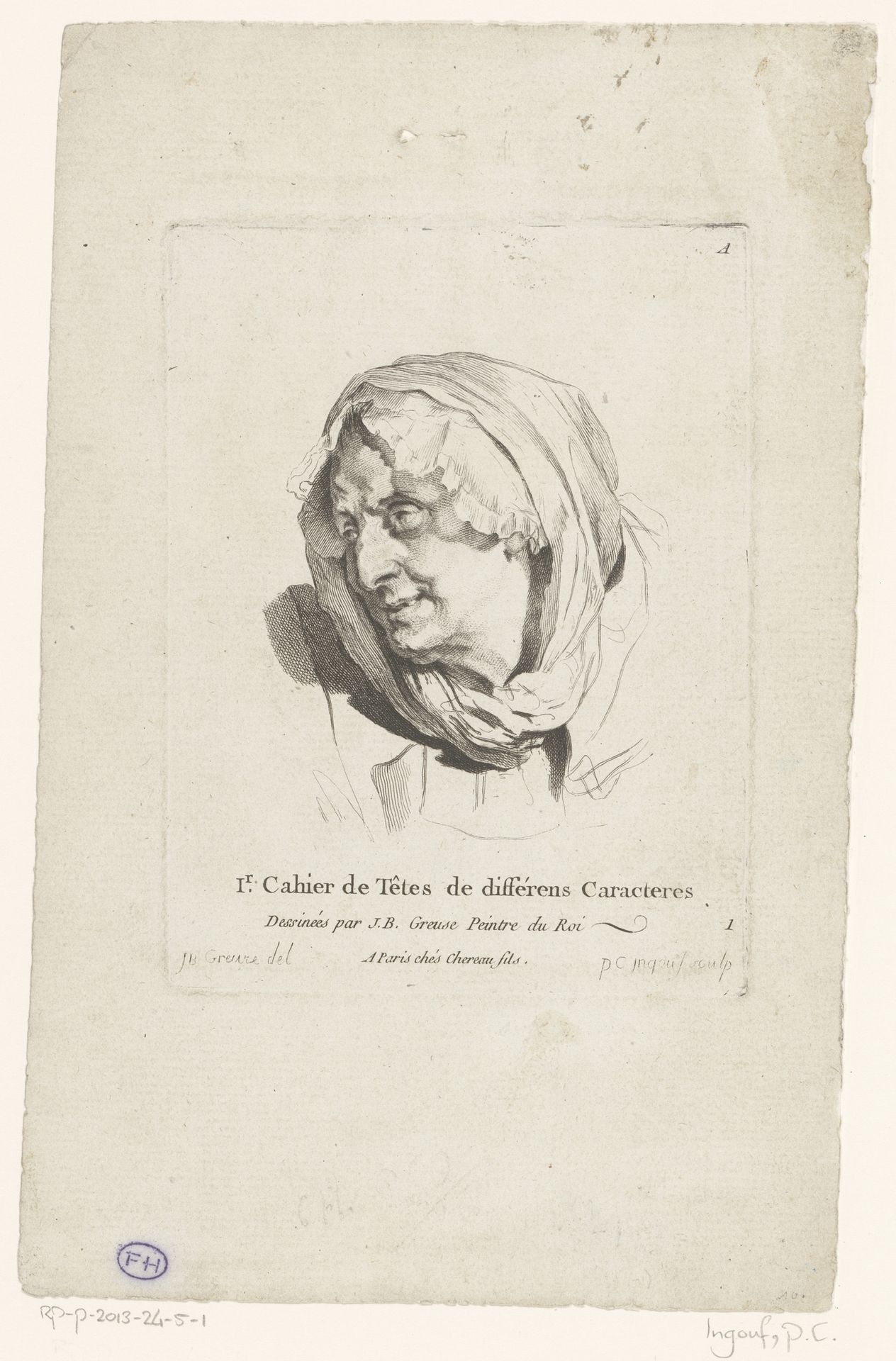 Titelprent met het hoofd van een oudere vrouw, naar links gekeerd by Pierre Charles Ingouf