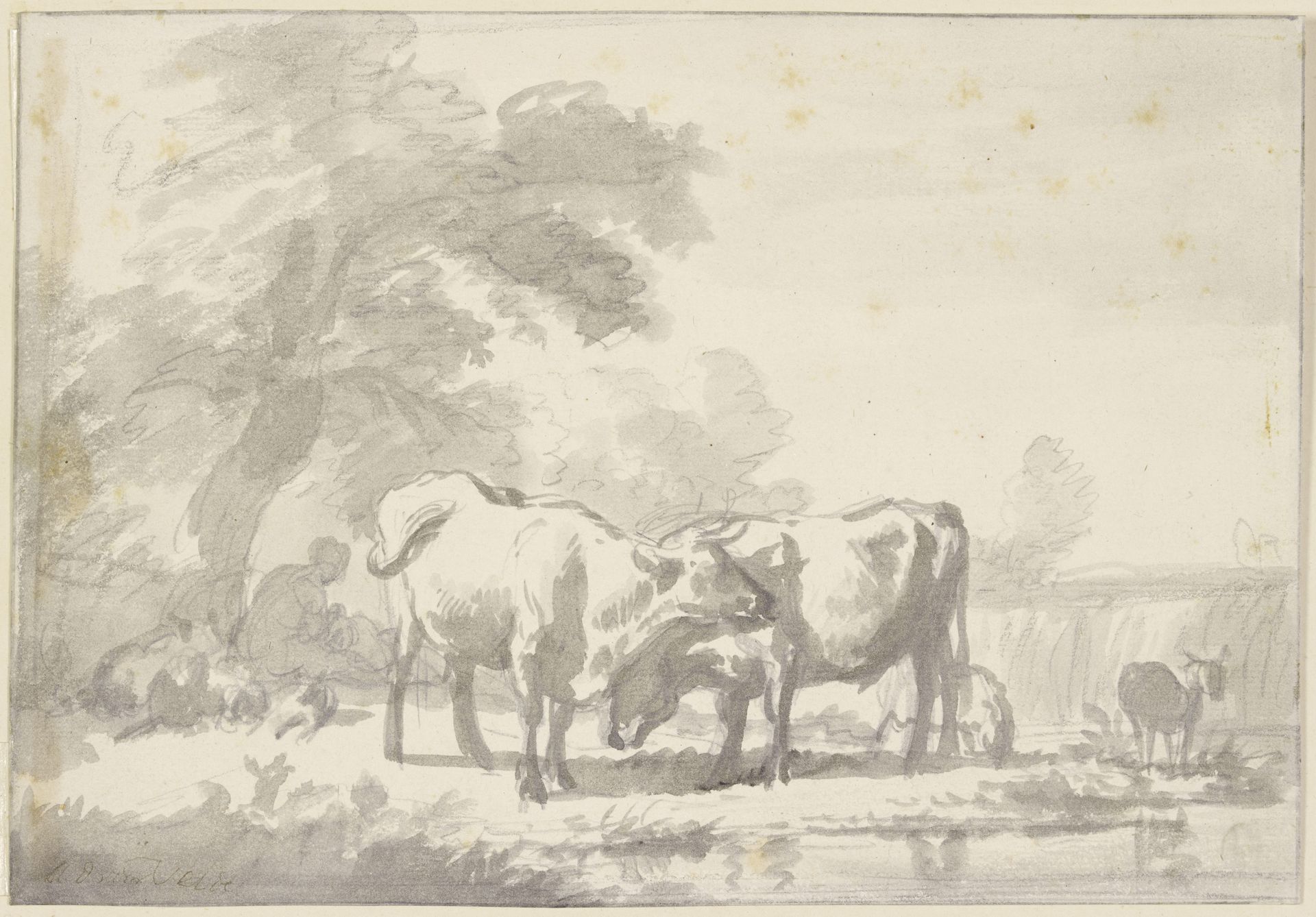 Zwei Kühe und einige Schafe, die Hirtin sitzt mit einem Kind unter einem Baum by Adriaen van de Velde