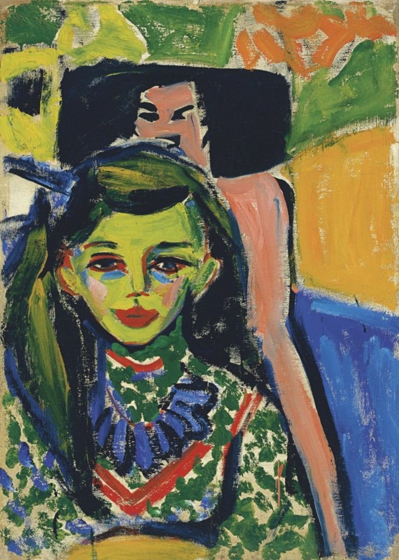 Fränzi in front of carved chair - Ernst Ludwig Kirchner | Artera