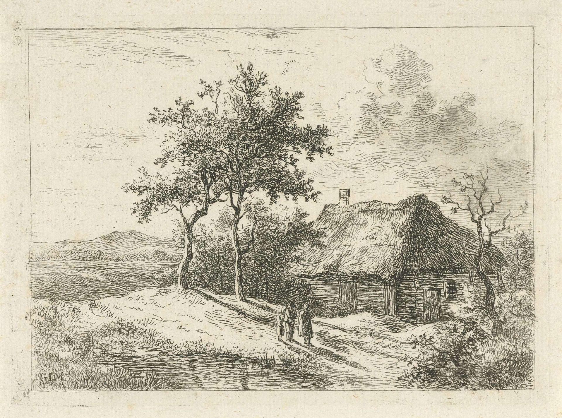 Drie figuren bij een boerderij by Gerrit Jan Michaëlis