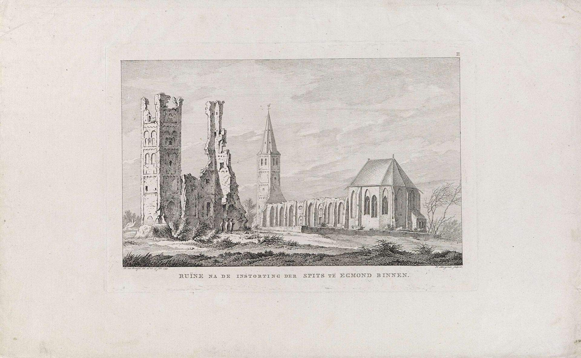Ingestorte toren van de Abdijkerk te Egmond, 1799 by Hendrik Schwegman